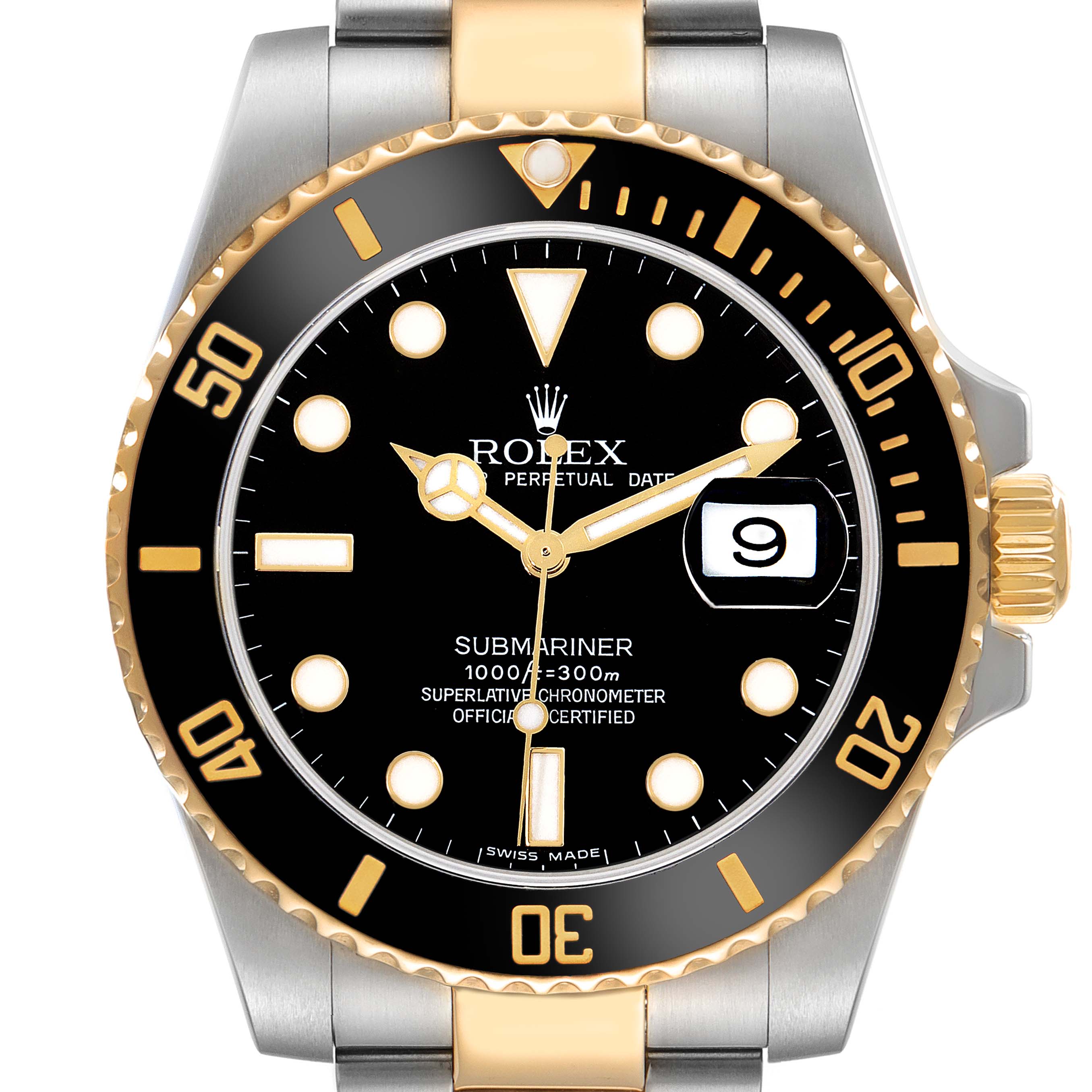 The Rolex Submariner 116613 Men's Steel and Gold (two tone) Black Dial watch is shown from the front, featuring the bezel, dial, hands, and date magnification.