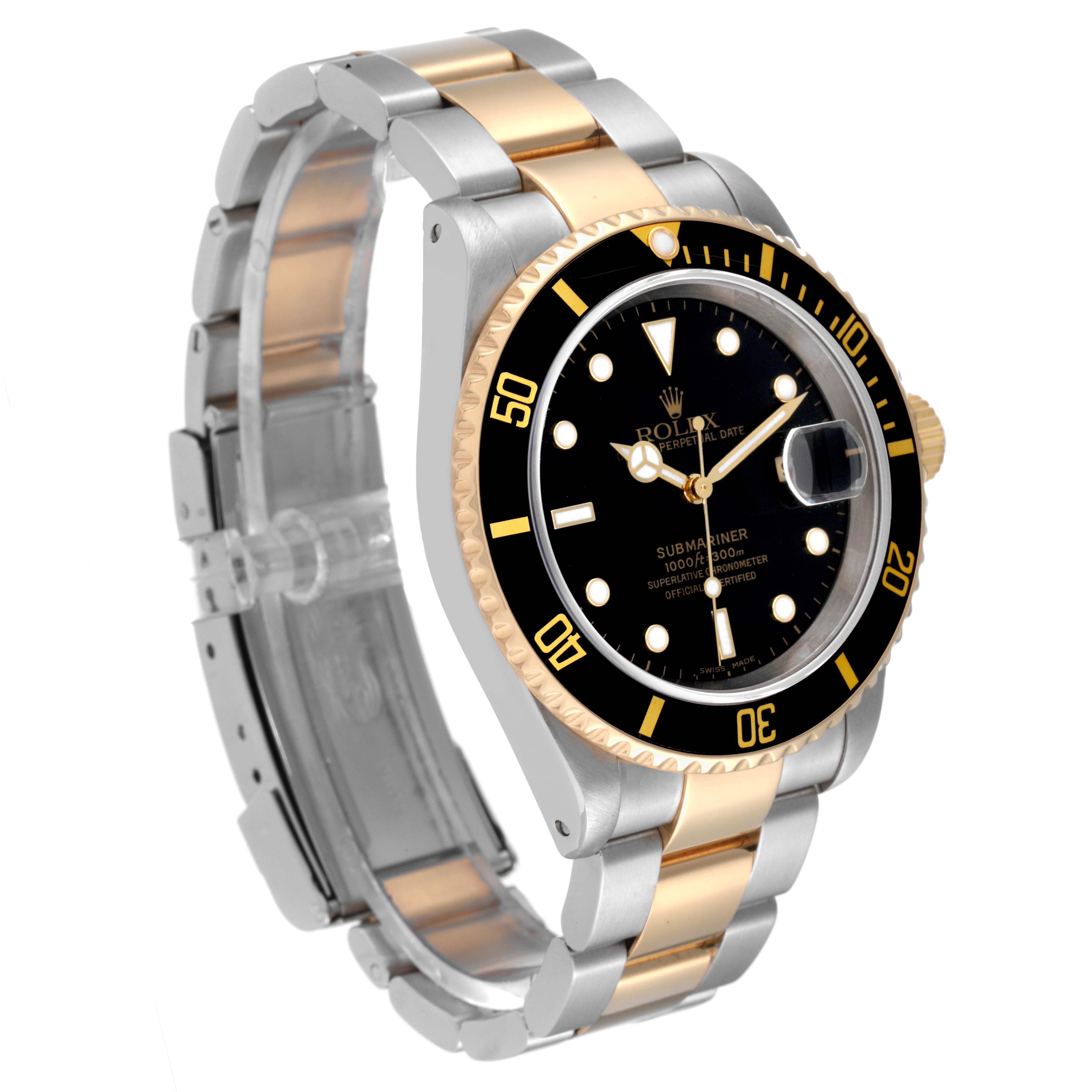 The image shows a three-quarter view of a Rolex Submariner 16613 Men's Steel and Gold (two tone) Black Dial 16613 Men's Steel and Gold (two tone) Black Dial watch, highlighting the bezel, dial, and two-tone bracelet.