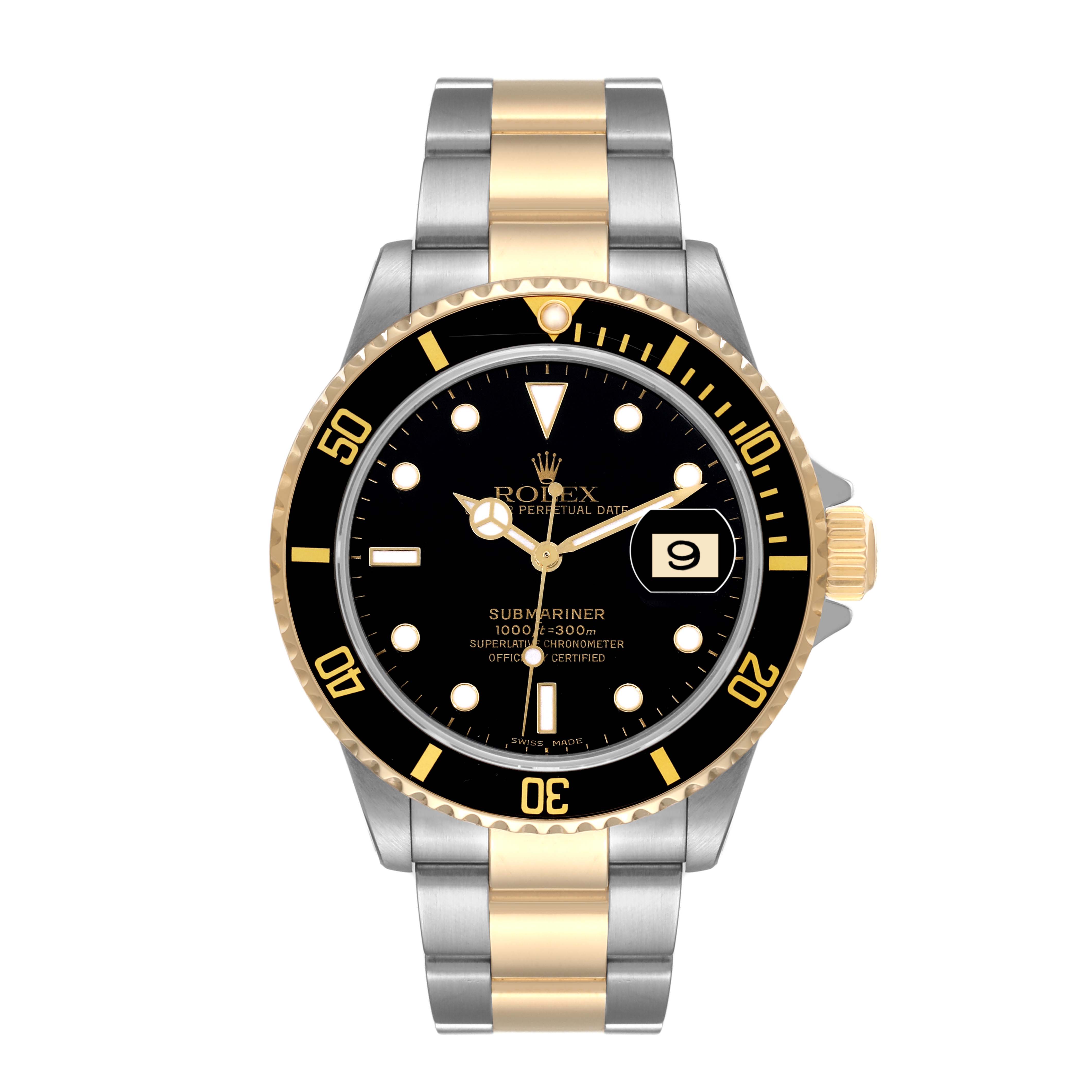 The image shows a front view of a Rolex Submariner 16613 Men's Steel and Gold (two tone) Black Dial 16613 Men's Steel and Gold (two tone) Black Dial watch, highlighting its bezel, dial, and bracelet.
