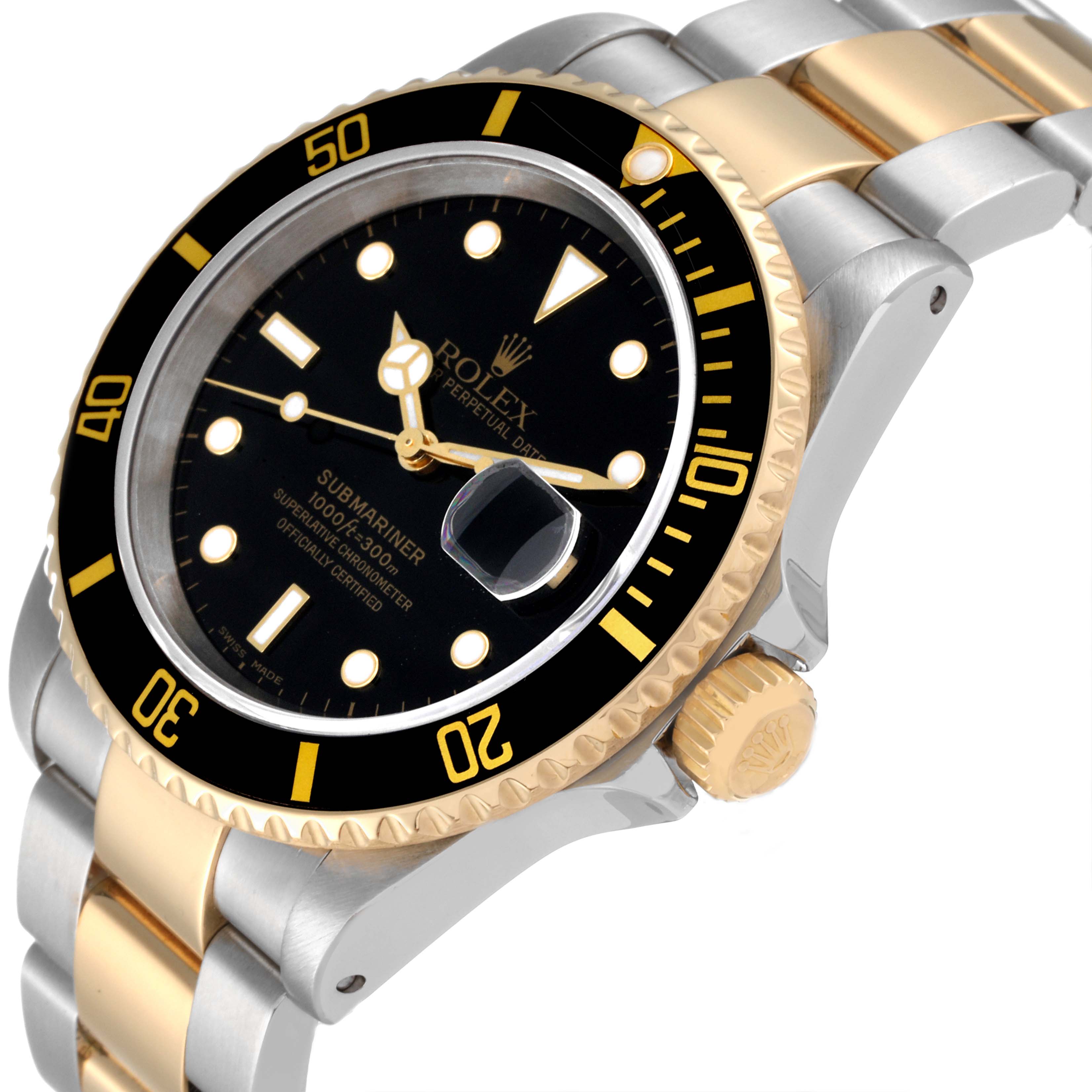 This image shows a close-up angled view of the Rolex Submariner 16613 Men's Steel and Gold (two tone) Black Dial 16613 Men's Steel and Gold (two tone) Black Dial, highlighting the bezel, dial, and part of the two-tone bracelet.