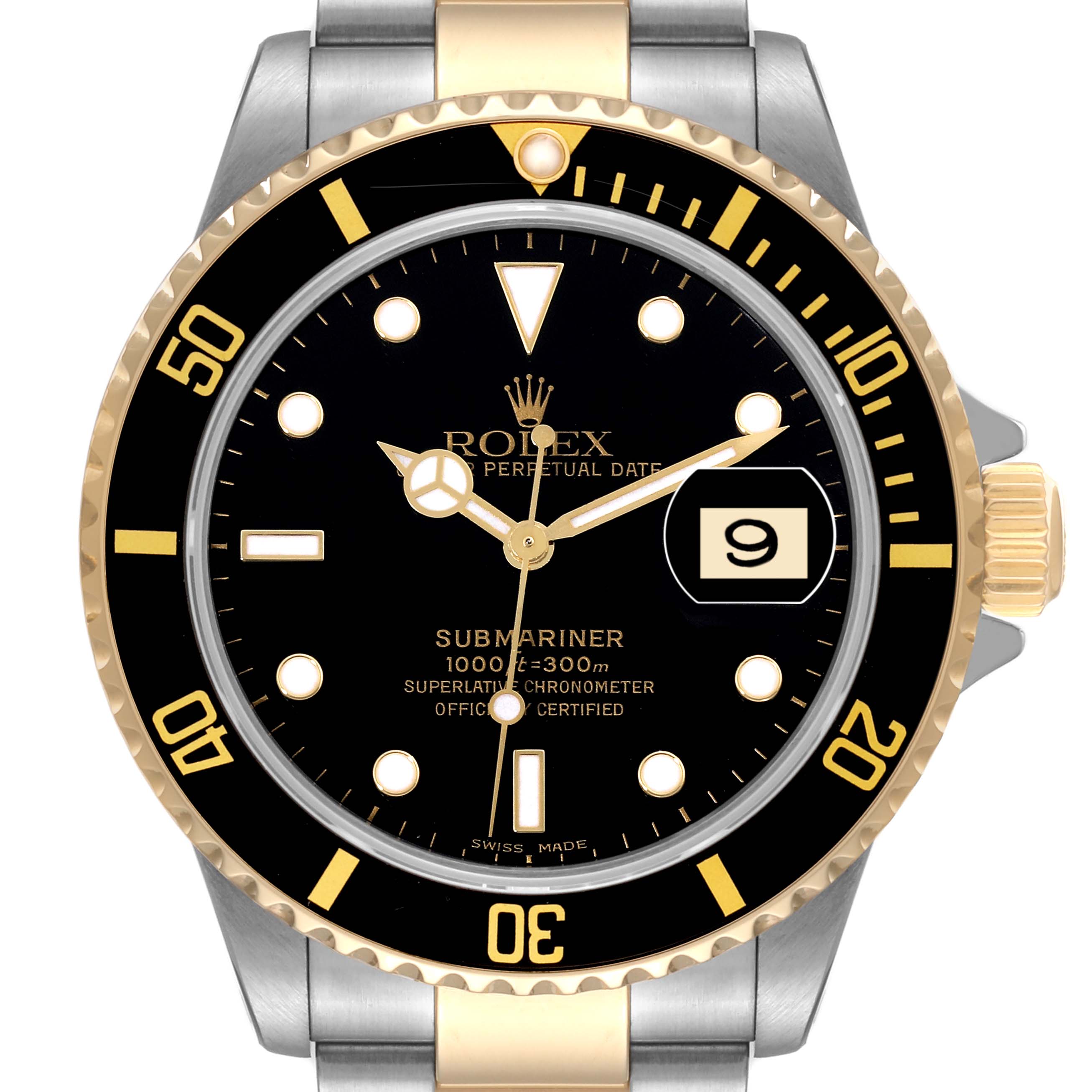 This image shows a frontal view of the Rolex Submariner 16613 Men's Steel and Gold (two tone) Black Dial 16613 Men's Steel and Gold (two tone) Black Dial watch, featuring its dial, bezel, and bracelet.