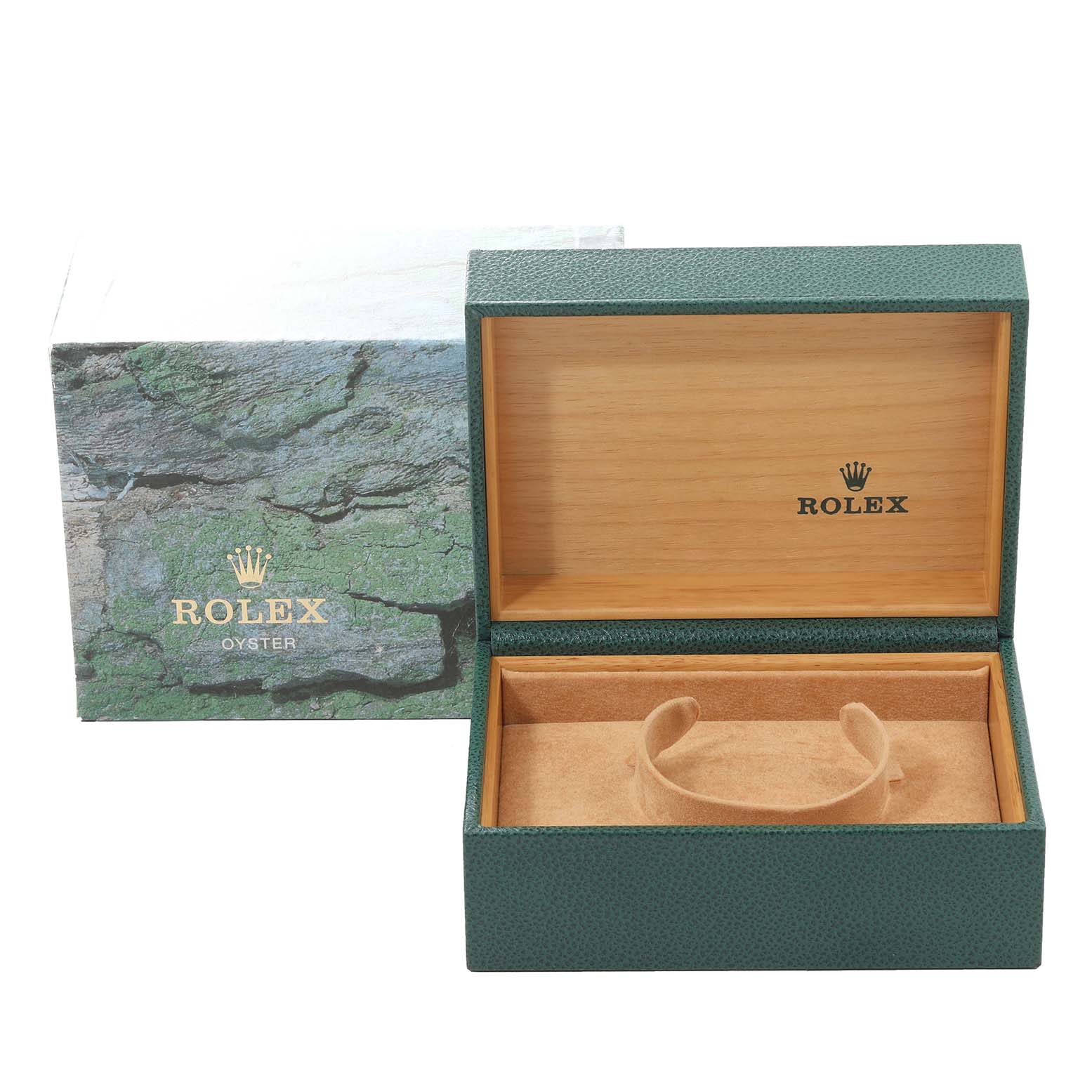 The image shows an open Rolex Submariner 16613 Men's Steel and Gold (two tone) Black Dial 16613 Men's Steel and Gold (two tone) Black Dial watch box with an outer box and an inner cushioned interior.