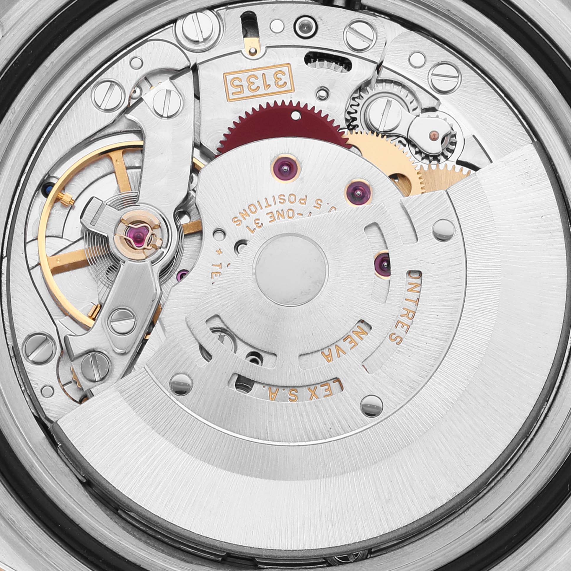 The image shows the intricate internal mechanism of the Rolex Submariner 16613 Men's Steel and Gold (two tone) Black Dial 16613 Men's Steel and Gold (two tone) Black Dial model watch, viewed from the back.