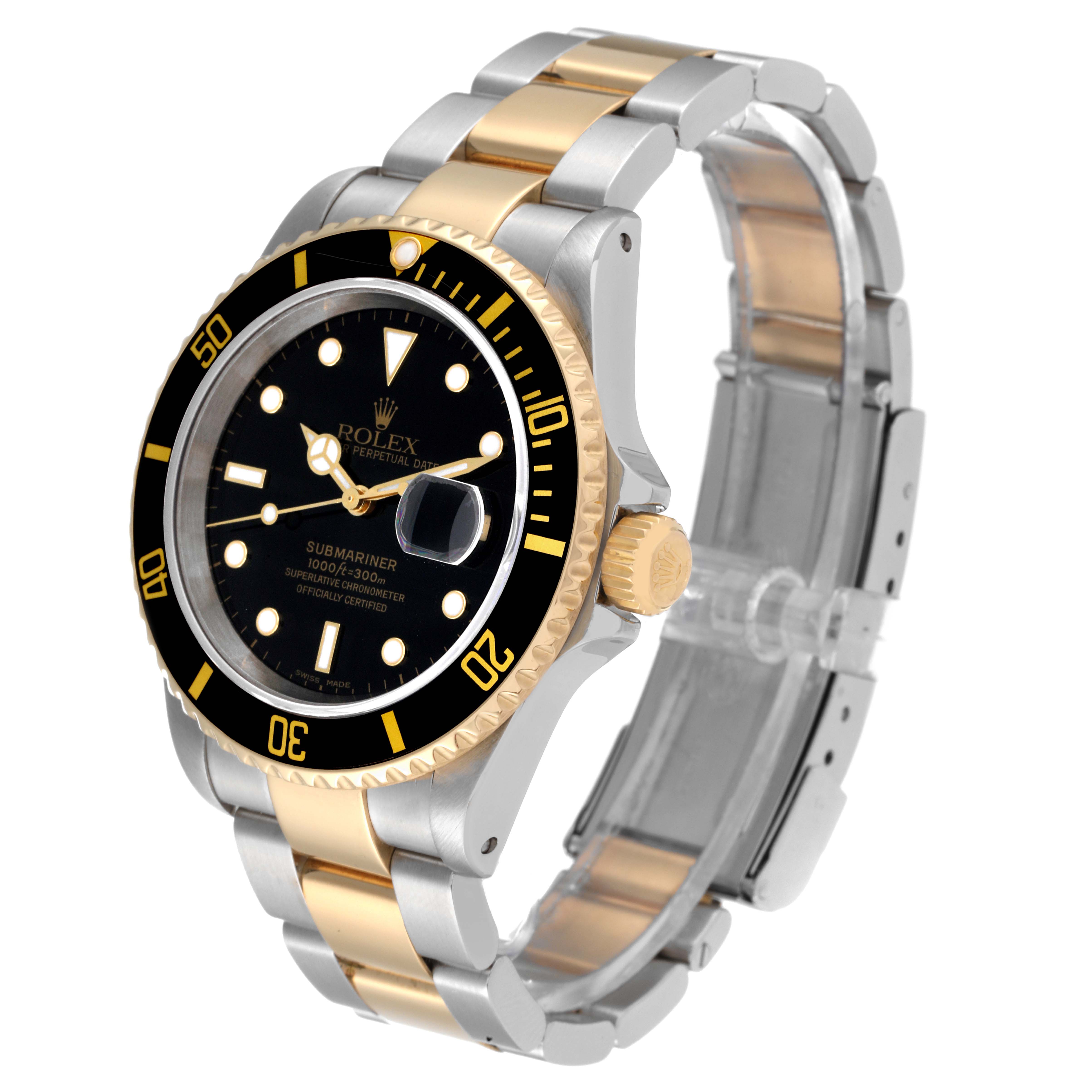 This image shows a Rolex Submariner 16613 Men's Steel and Gold (two tone) Black Dial 16613 Men's Steel and Gold (two tone) Black Dial watch at a three-quarter angle, displaying the face, bezel, crown, and bracelet.
