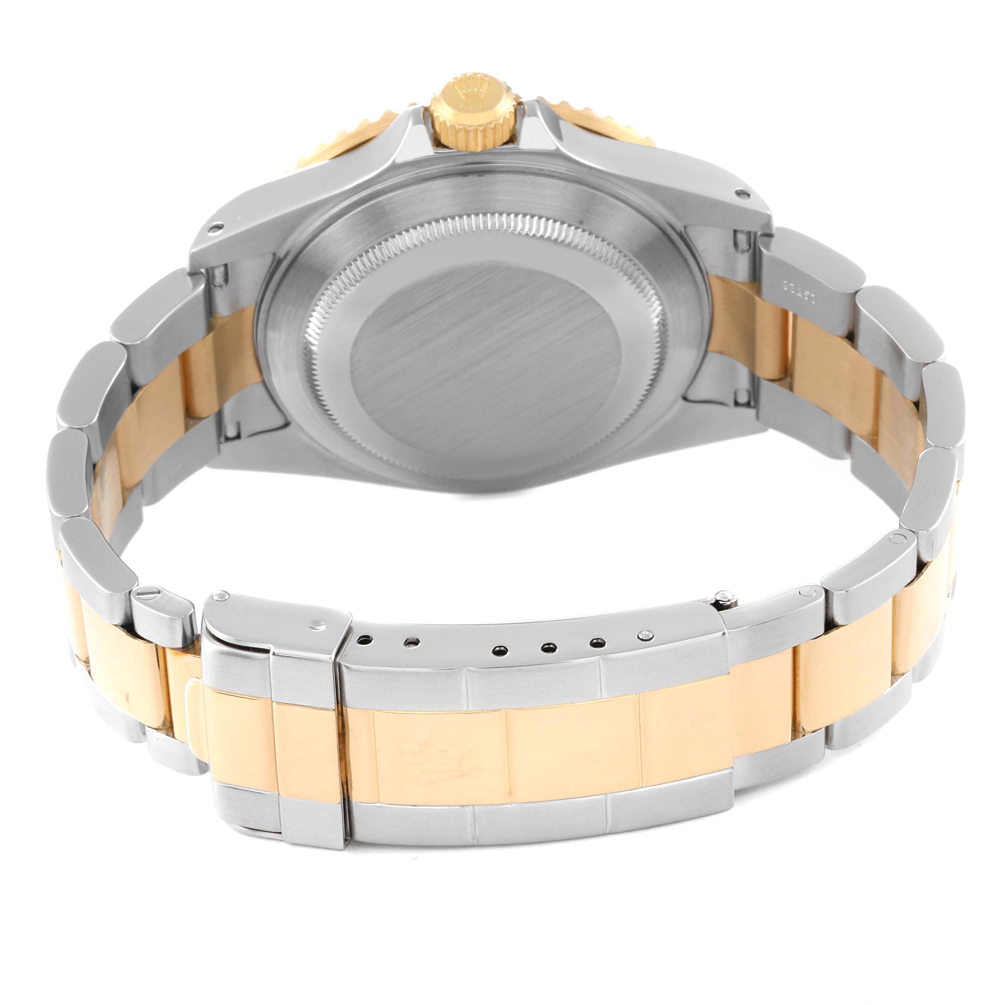 This image shows the back and bracelet clasp of a Rolex Submariner 16613 Men's Steel and Gold (two tone) Black Dial 16613 Men's Steel and Gold (two tone) Black Dial watch, highlighting its two-tone metal design.