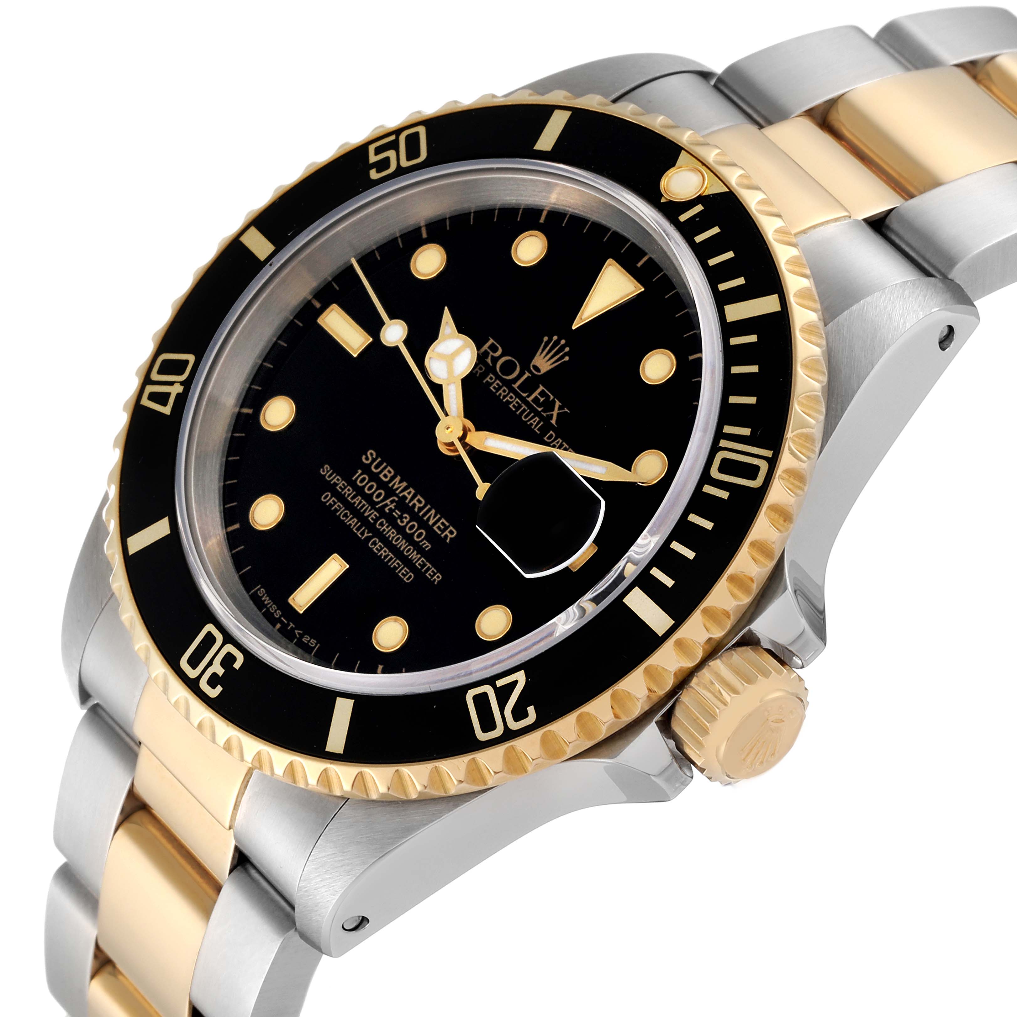 The image shows a close-up angle of a Rolex Submariner 16613 Men's Steel and Gold (two tone) Black Dial 16613 Men's Steel and Gold (two tone) Black Dial watch, highlighting the black dial, gold bezel, and two-tone bracelet.