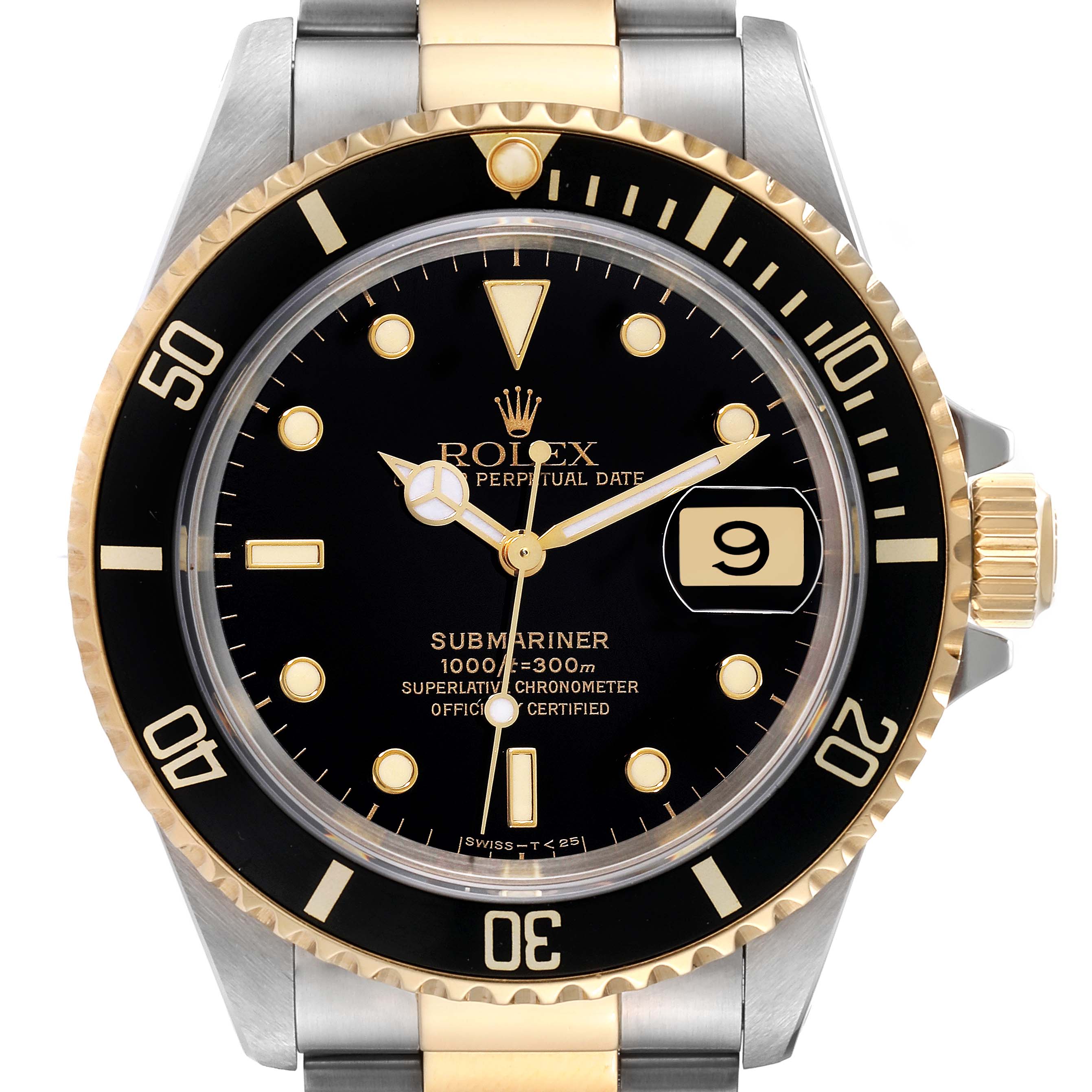 This image shows a front view of a Rolex Submariner 16613 Men's Steel and Gold (two tone) Black Dial 16613 Men's Steel and Gold (two tone) Black Dial watch, highlighting the dial, bezel, and date window.