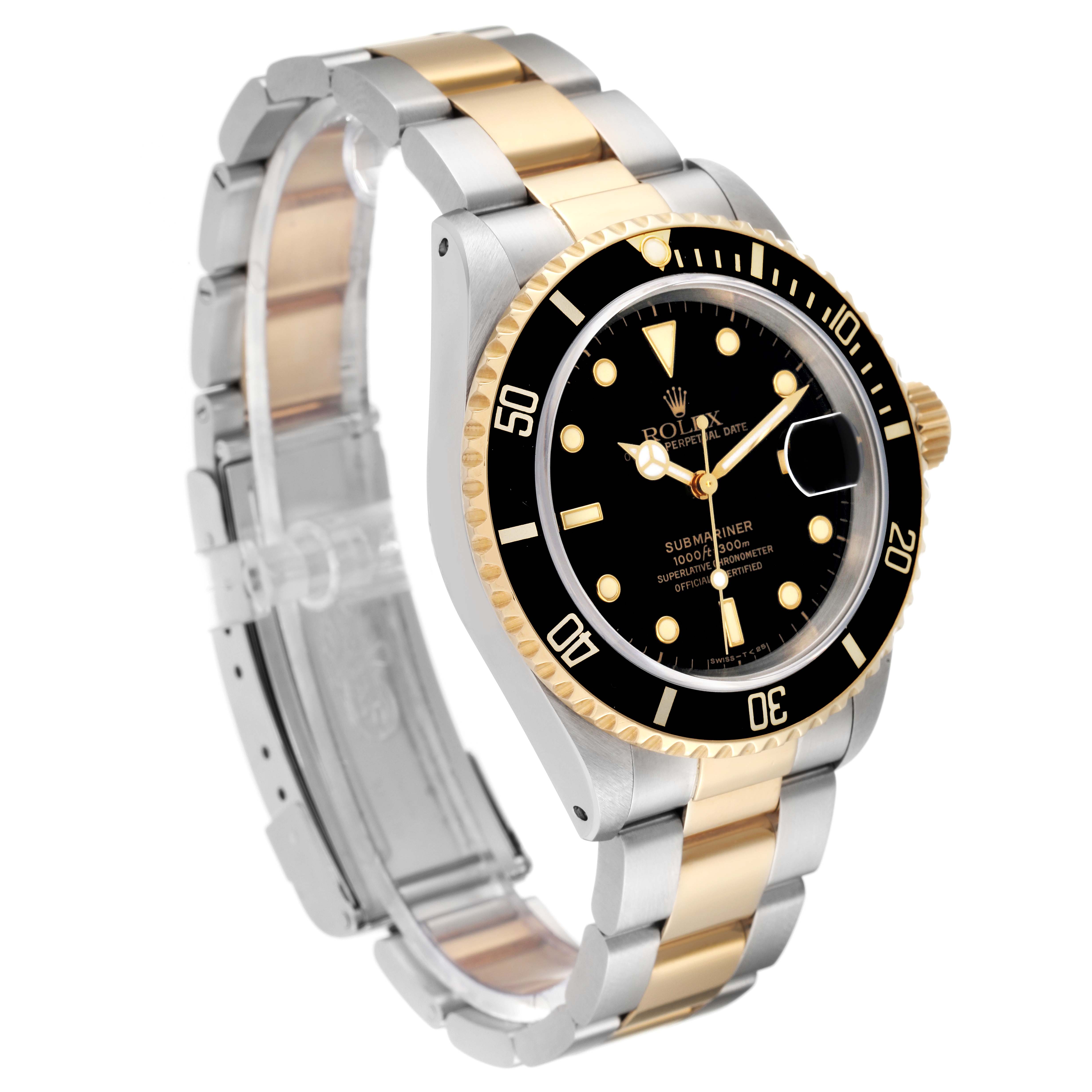 This image shows a Rolex Submariner 16613 Men's Steel and Gold (two tone) Black Dial 16613 Men's Steel and Gold (two tone) Black Dial watch at a front-side angle, highlighting the dial, bezel, and bracelet.
