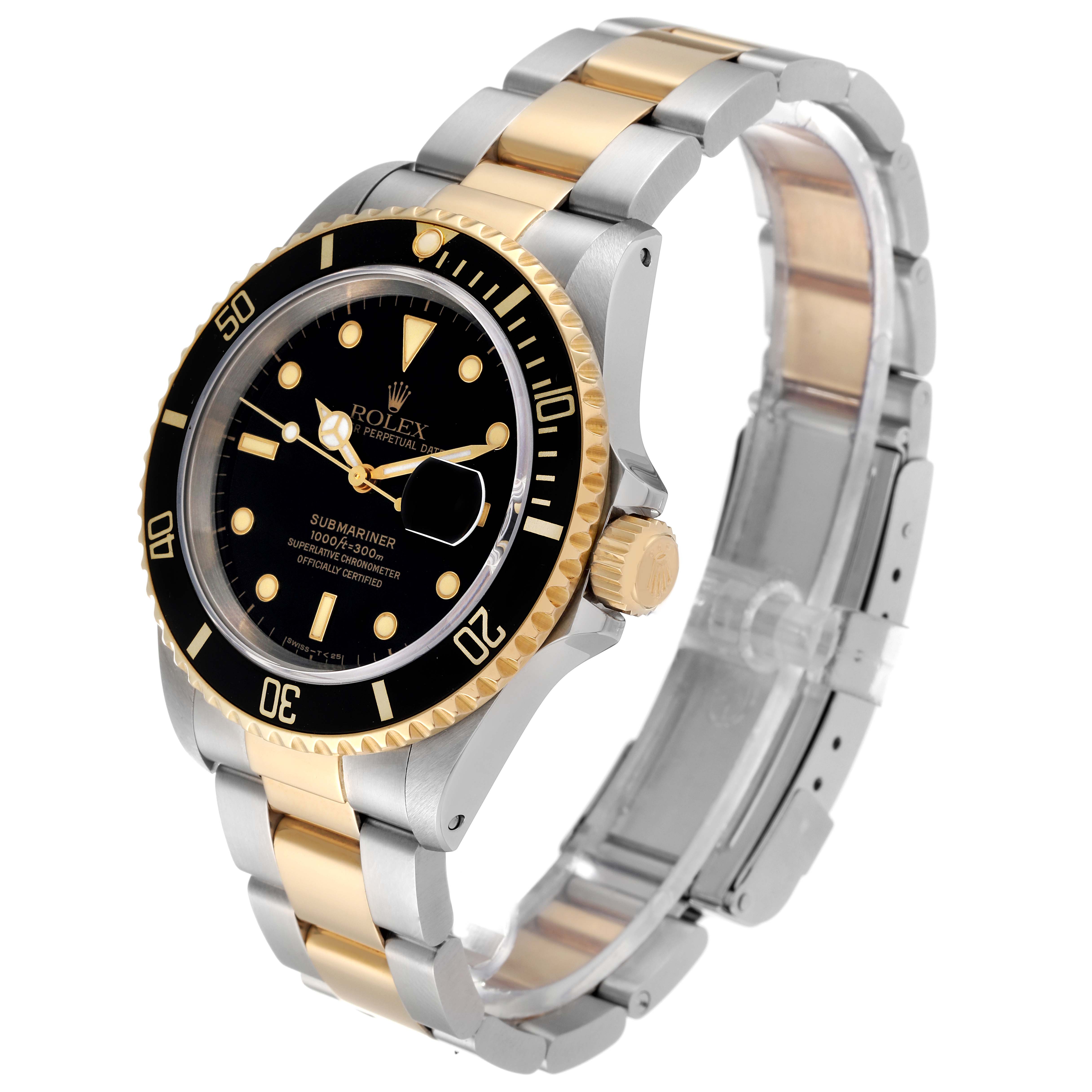 This image shows a Rolex Submariner 16613 Men's Steel and Gold (two tone) Black Dial 16613 Men's Steel and Gold (two tone) Black Dial watch from a three-quarter angle, highlighting its black dial, bezel, and two-tone bracelet.