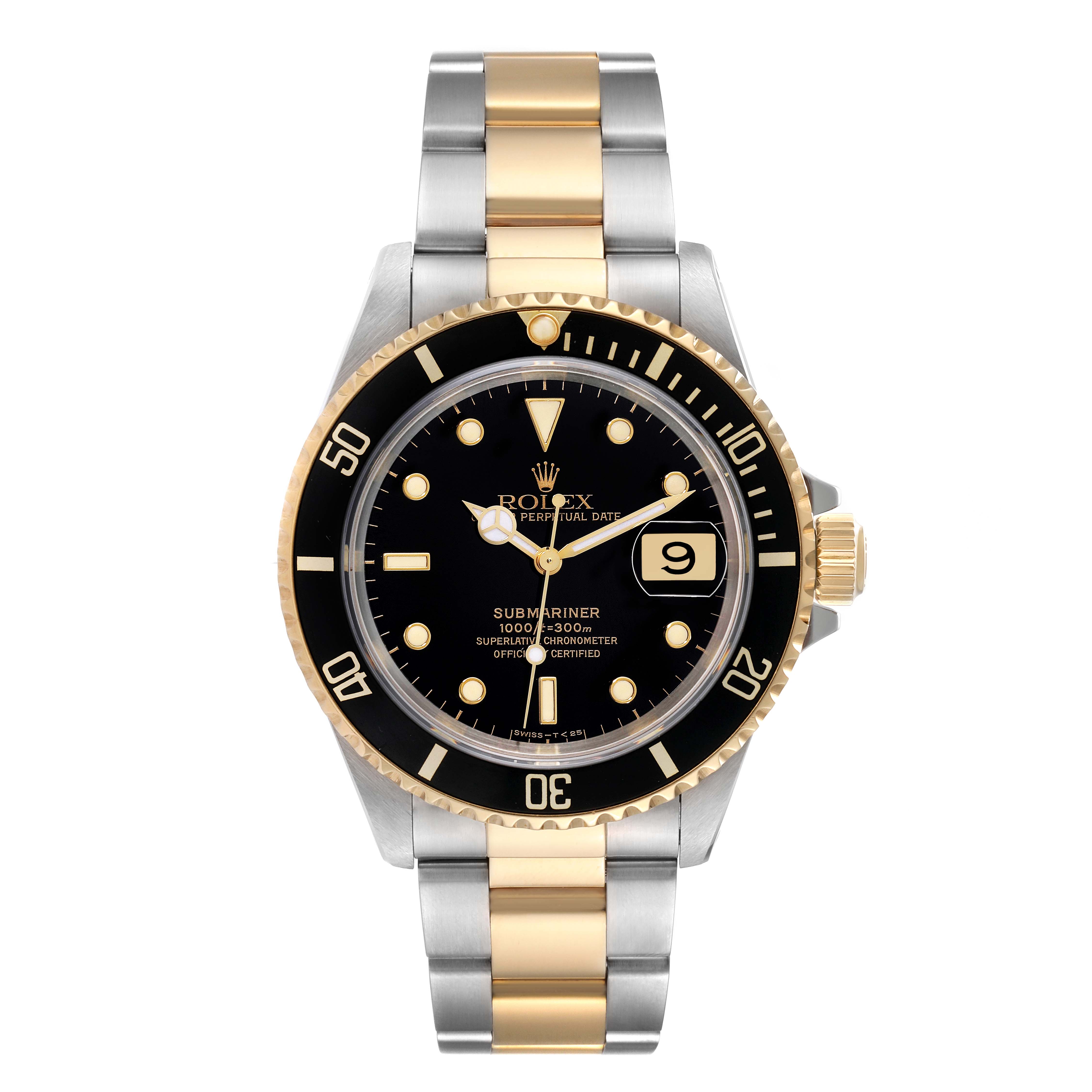 This image shows a front view of the Rolex Submariner 16613 Men's Steel and Gold (two tone) Black Dial 16613 Men's Steel and Gold (two tone) Black Dial watch, highlighting its dial, bezel, and two-tone bracelet.