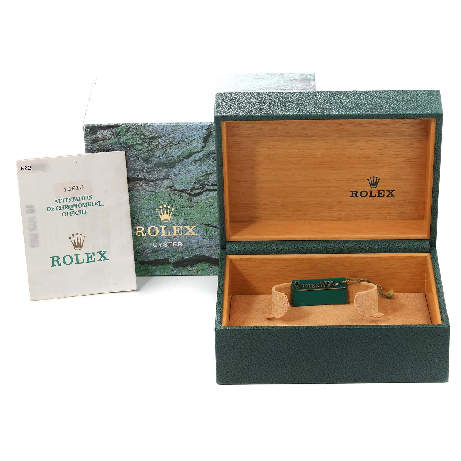 The image shows a Rolex Submariner 16613 Men's Steel and Gold (two tone) Black Dial 16613 Men's Steel and Gold (two tone) Black Dial watch box, a certificate, and an outer box from a front angle.