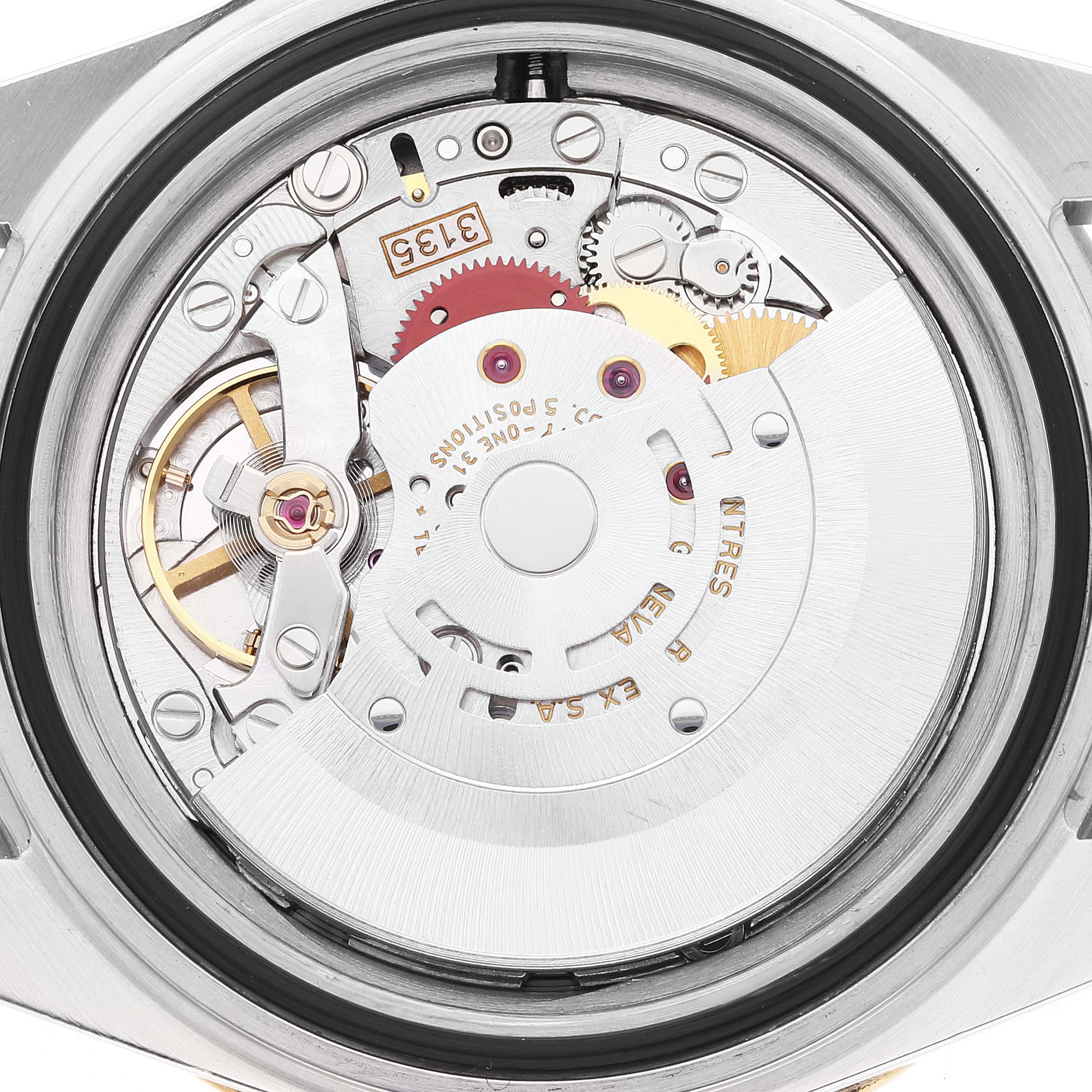 This image shows a close-up of the movement mechanism of a Rolex Submariner 16613 Men's Steel and Gold (two tone) Black Dial 16613 Men's Steel and Gold (two tone) Black Dial watch, viewed from the back.