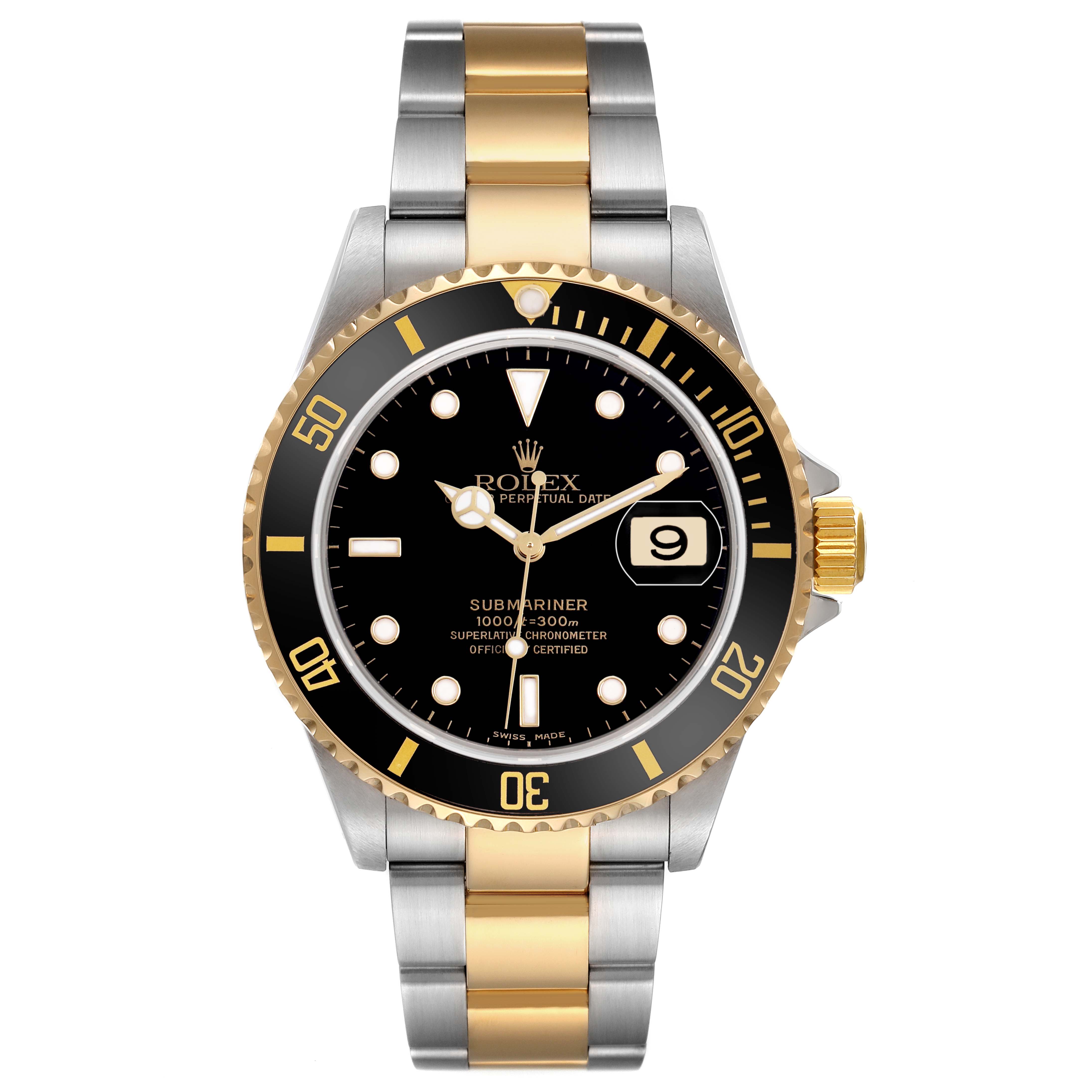 The Rolex Submariner 16613 Men's Steel and Gold (two tone) Black Dial is shown from a front angle, highlighting its dial, bezel, and two-tone bracelet.