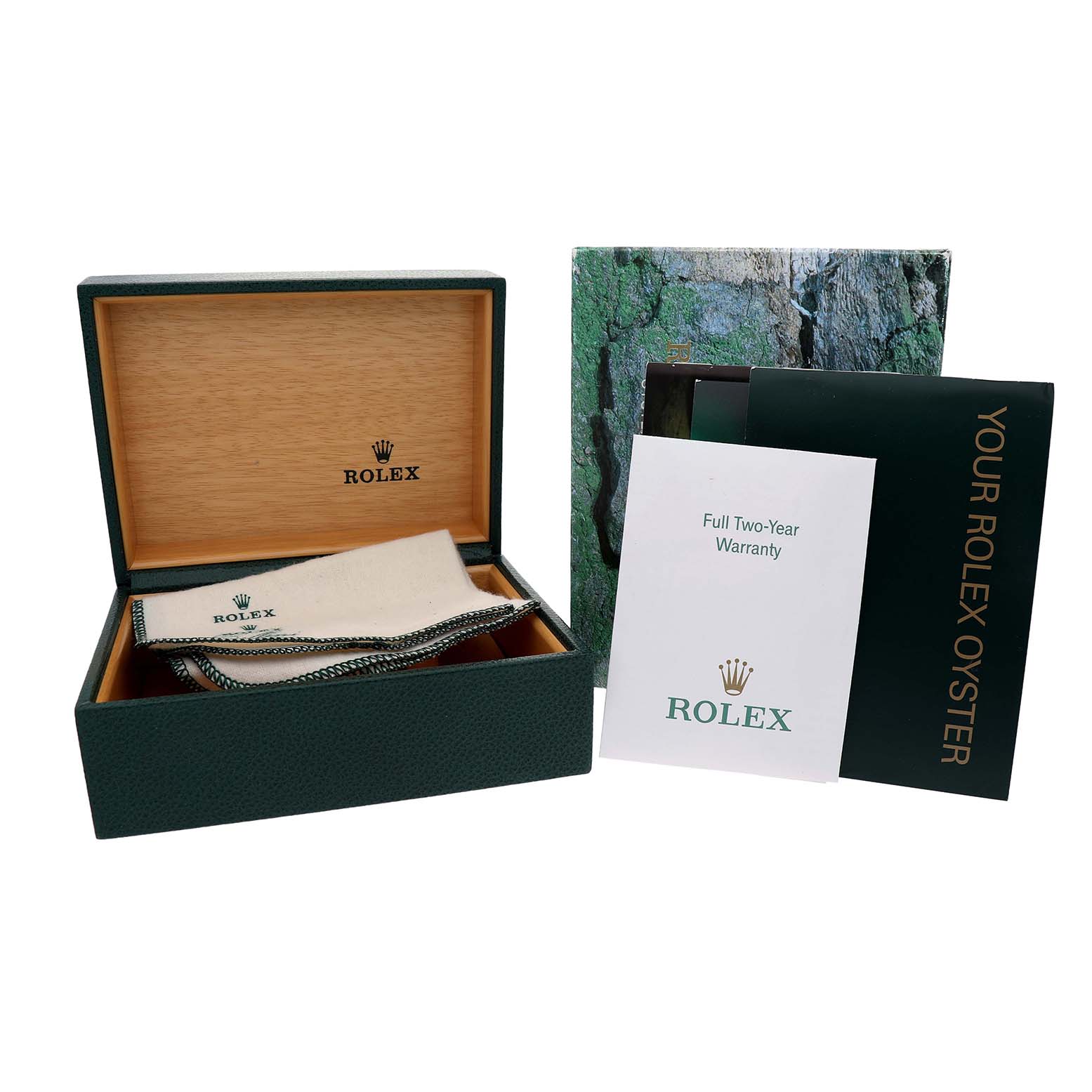 The image shows a Rolex Submariner 16613 Men's Steel and Gold (two tone) Black Dial packaging including the watch box, warranty card, and instruction booklet from a frontal angle.