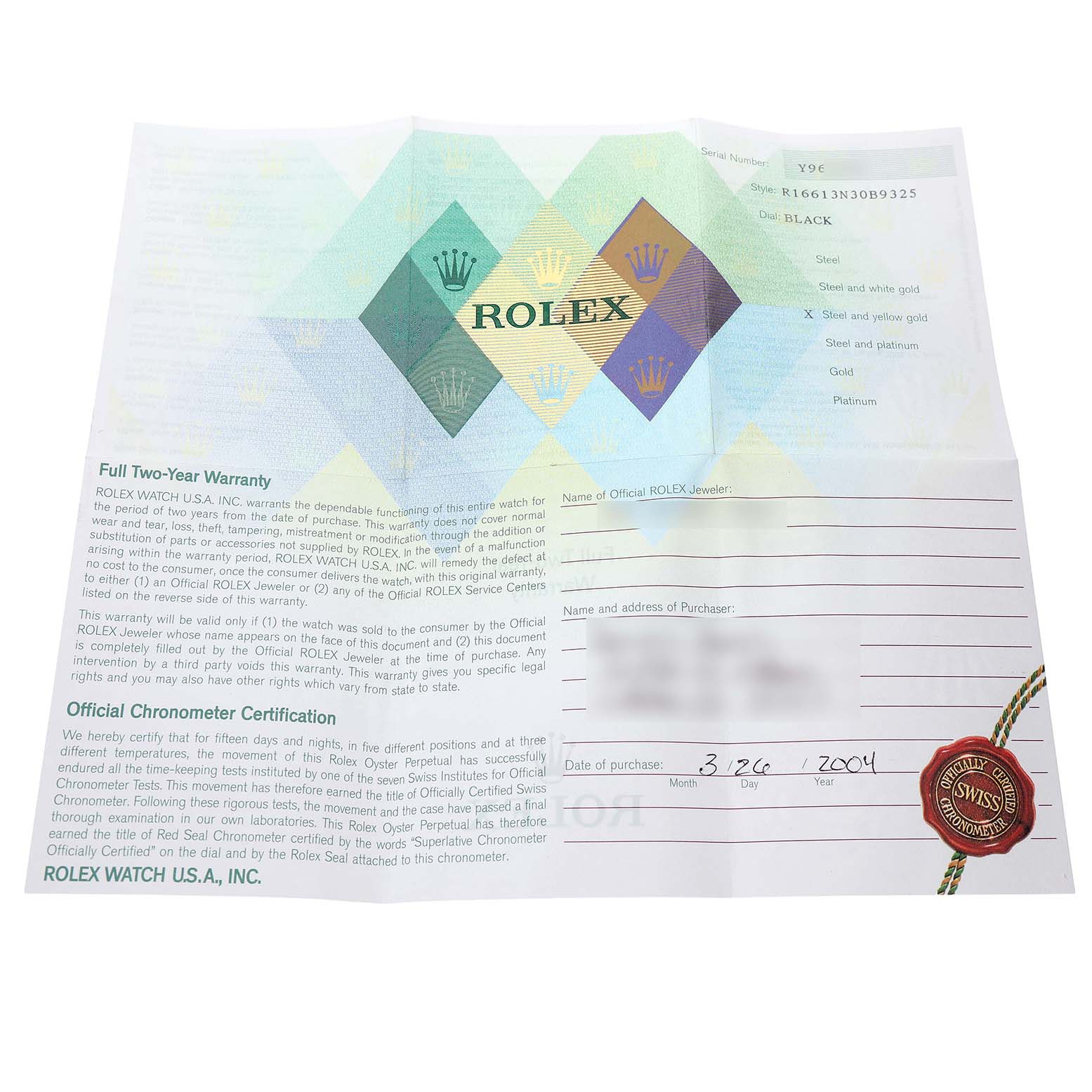 The image shows a Rolex warranty document for the Submariner model, highlighting certification and purchase details.