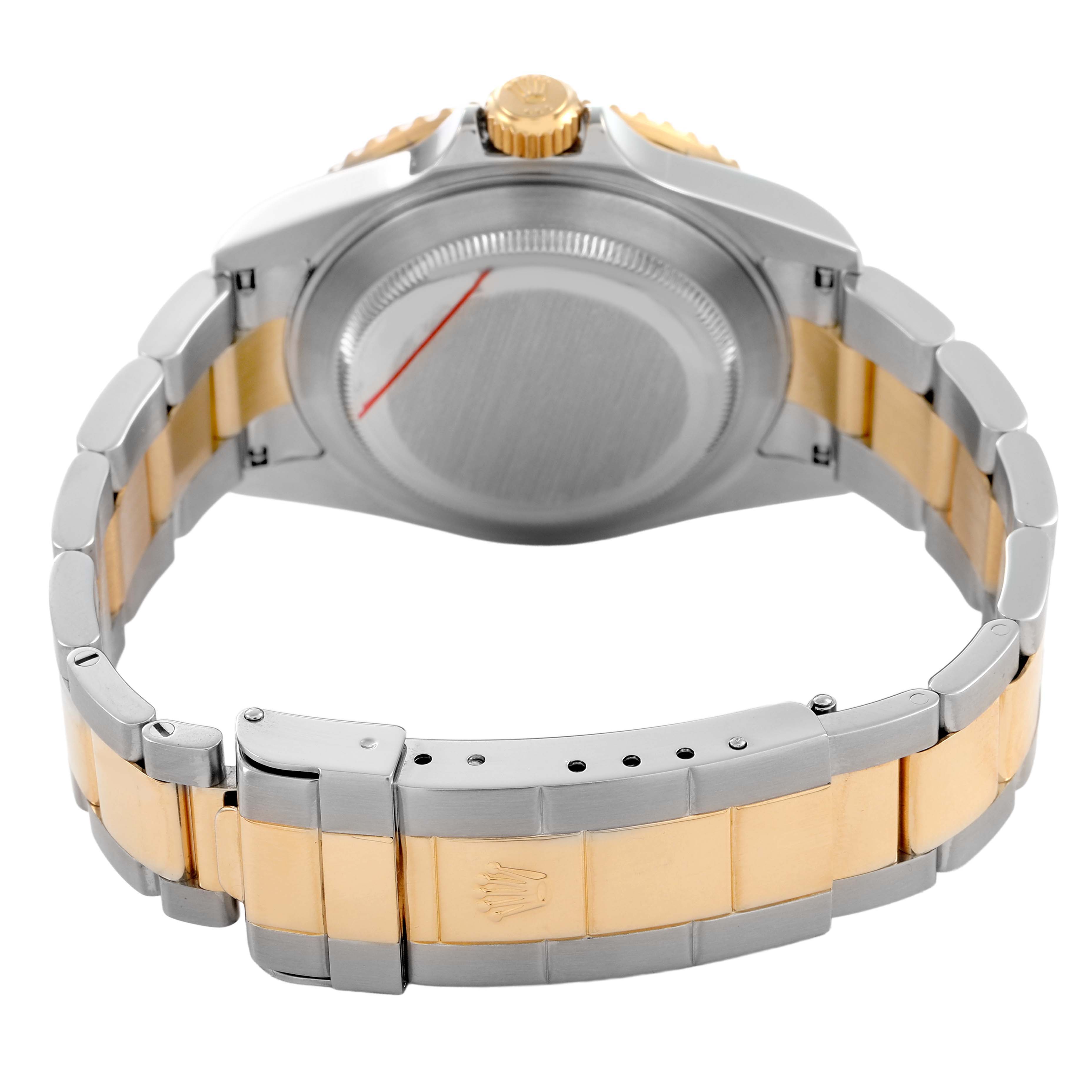 The image shows the back of a Rolex Submariner 16613 Men's Steel and Gold (two tone) Black Dial watch, highlighting the metal case back and two-tone bracelet with a clasp.