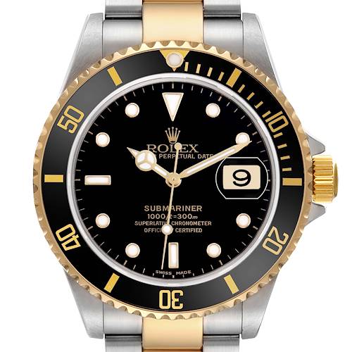 The image shows a front view of the Rolex Submariner 16613 Men's Steel and Gold (two tone) Black Dial, highlighting the dial, bezel, crown, and part of the bracelet.