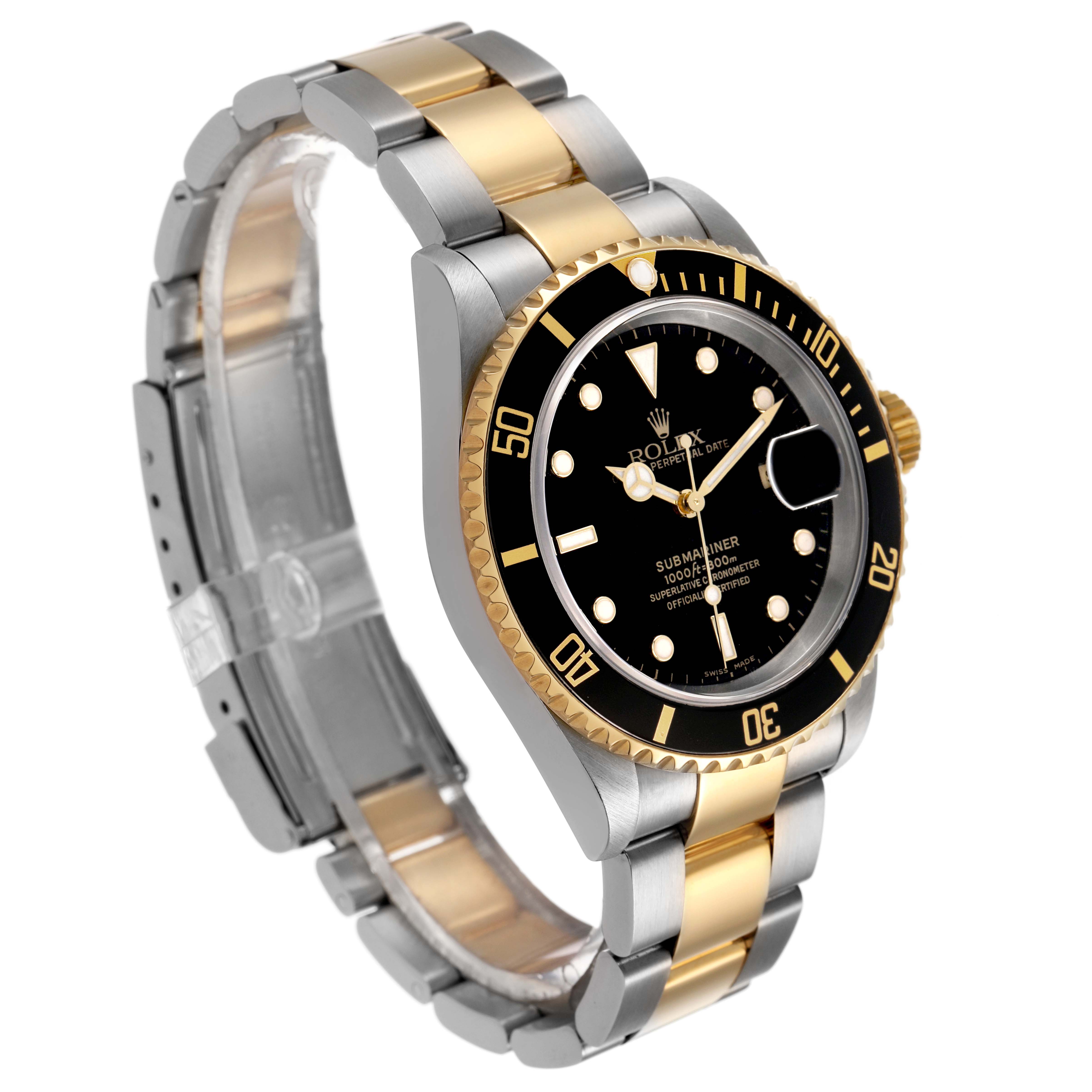 The Rolex Submariner 16613 Men's Steel and Gold (two tone) Black Dial watch is shown at an angled side view, highlighting its two-tone bracelet, bezel, and dial details.
