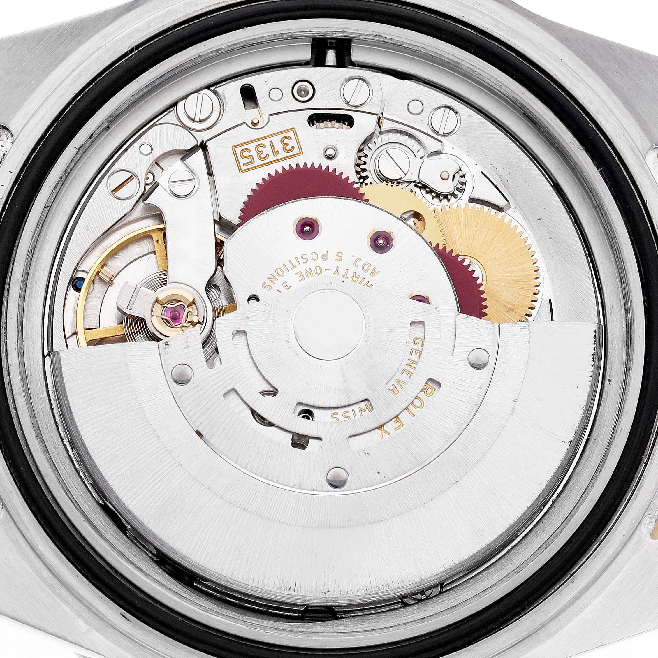 The image shows the movement mechanism of a Rolex Submariner 16613 Men's Steel and Gold (two tone) Black Dial watch from a top-down angle.