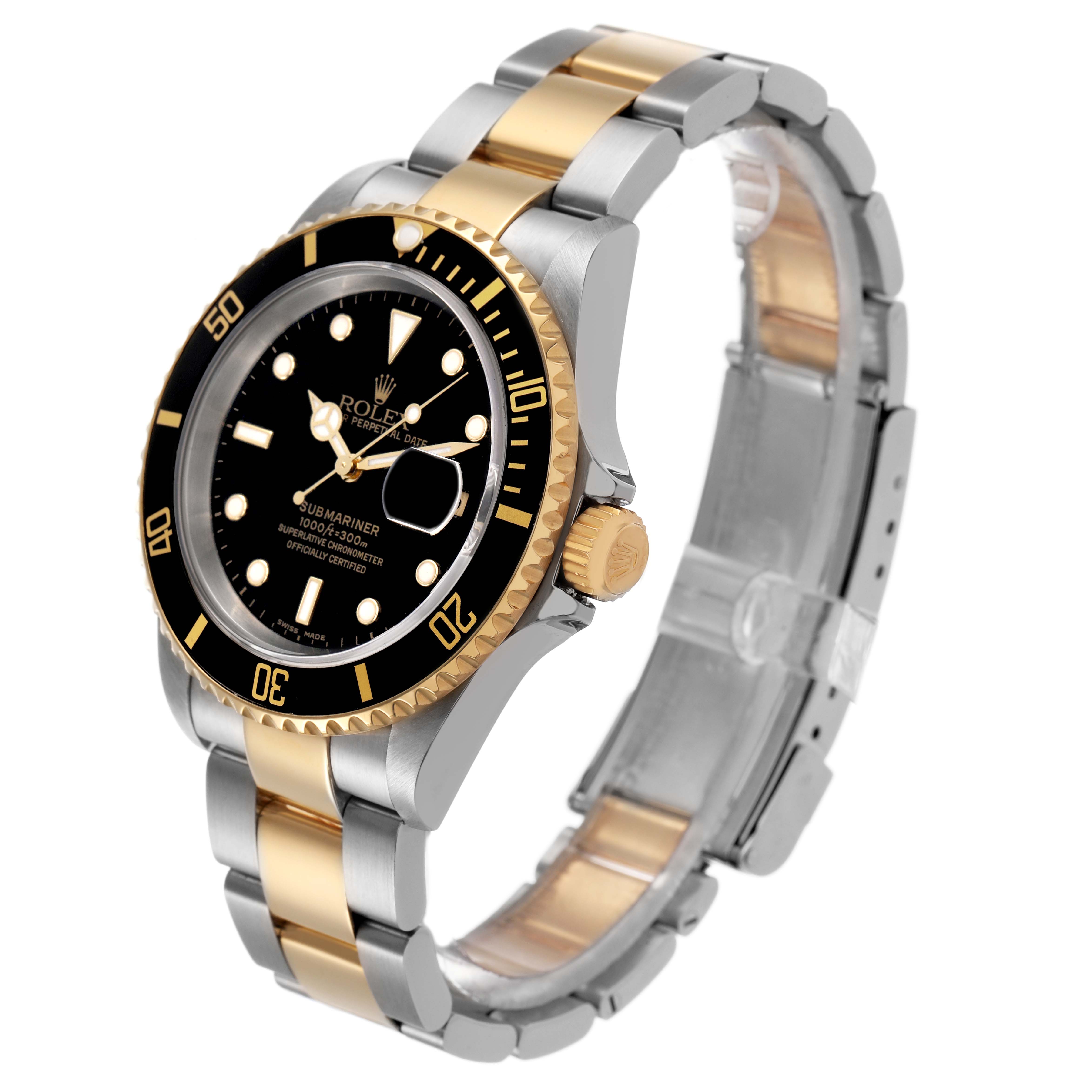 The Rolex Submariner 16613 Men's Steel and Gold (two tone) Black Dial watch is angled to show its face, bezel, crown, and two-tone bracelet prominently.