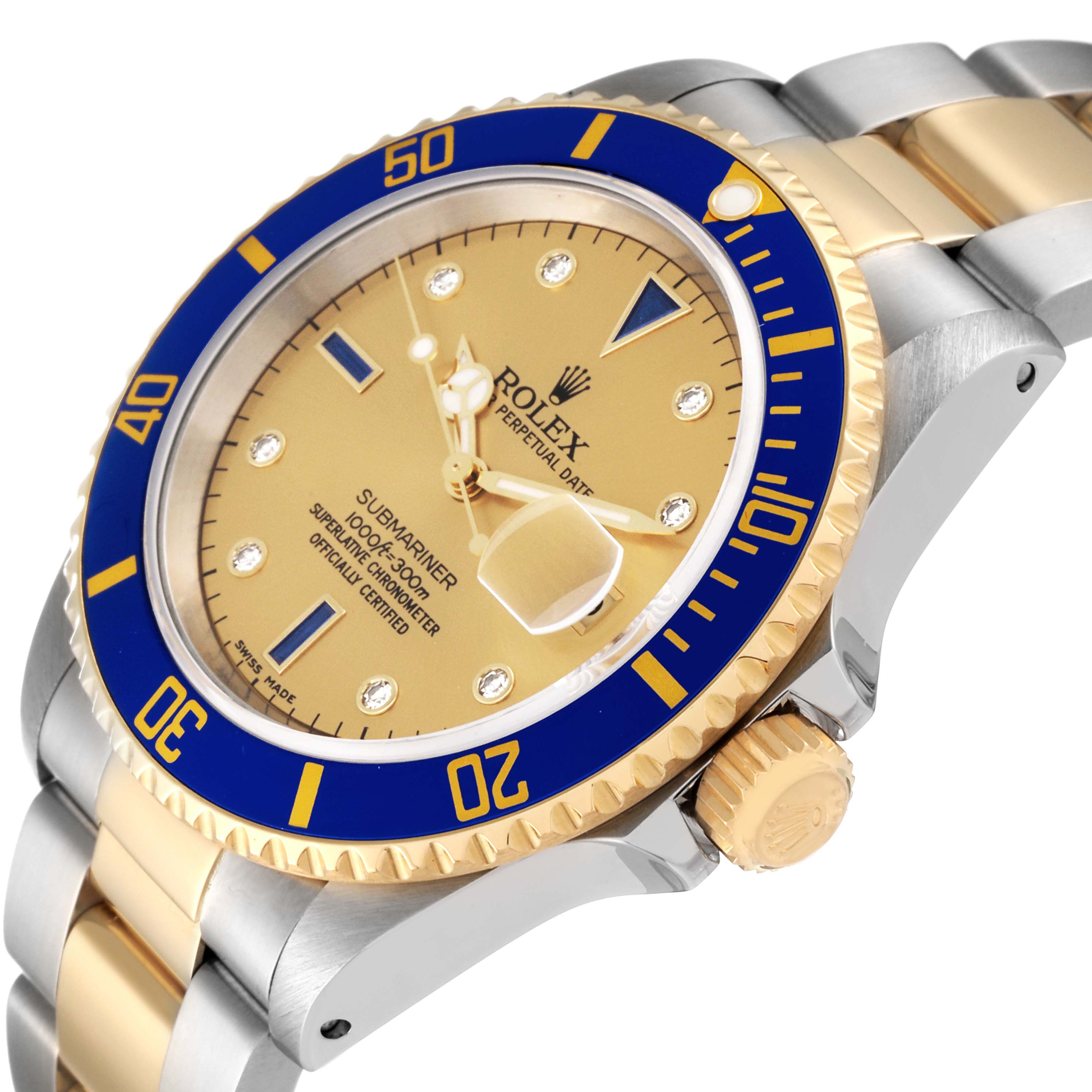 The image shows a close-up angle of a Rolex Submariner 16613 Men's Steel and Gold (two tone) Champagne Dial 16613 Men's Steel and Gold (two tone) Champagne Dial watch, highlighting its bezel, crown, dial, and part of the bracelet.