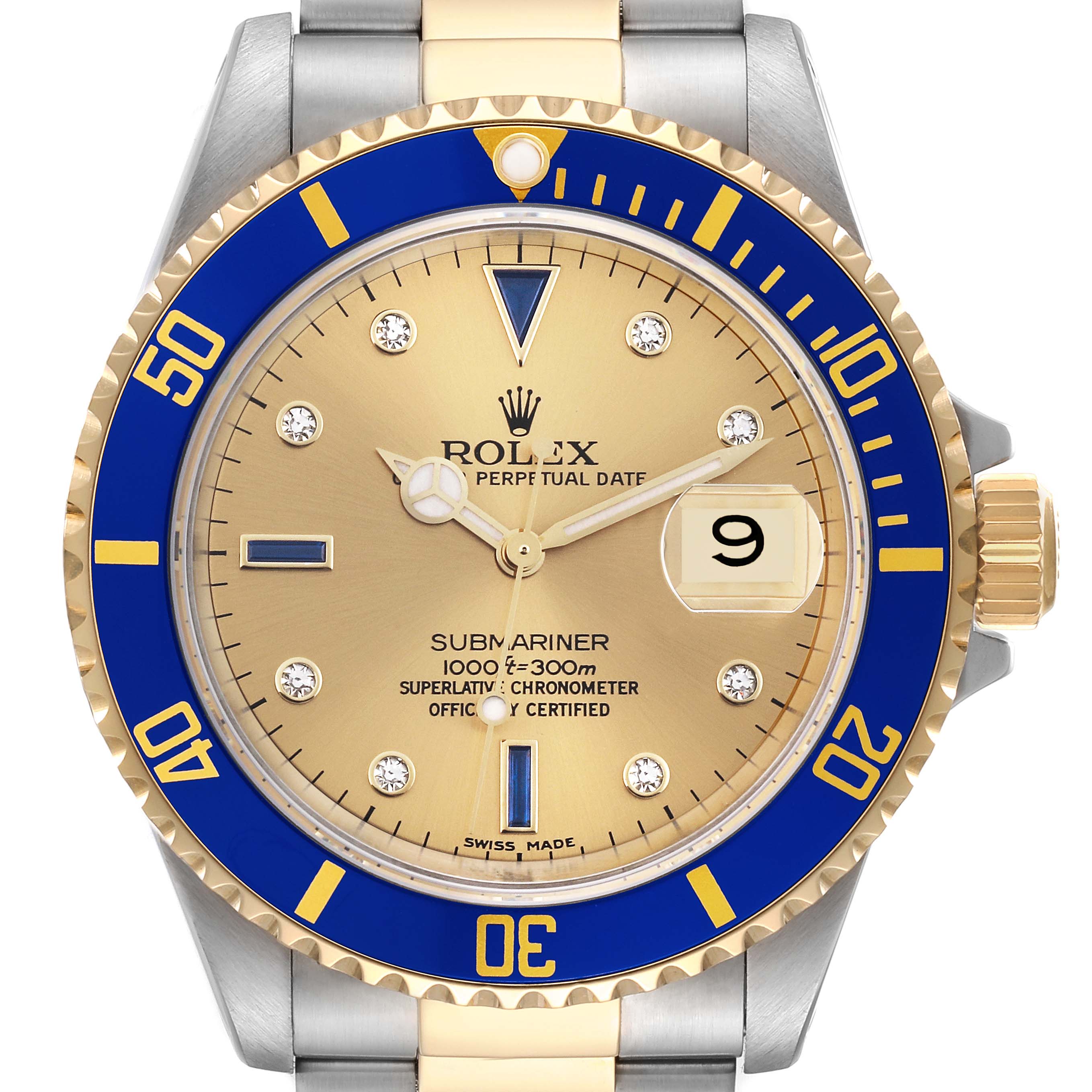 This image shows a frontal view of a Rolex Submariner 16613 Men's Steel and Gold (two tone) Champagne Dial 16613 Men's Steel and Gold (two tone) Champagne Dial watch, highlighting its gold dial, blue bezel, and two-tone metal bracelet.