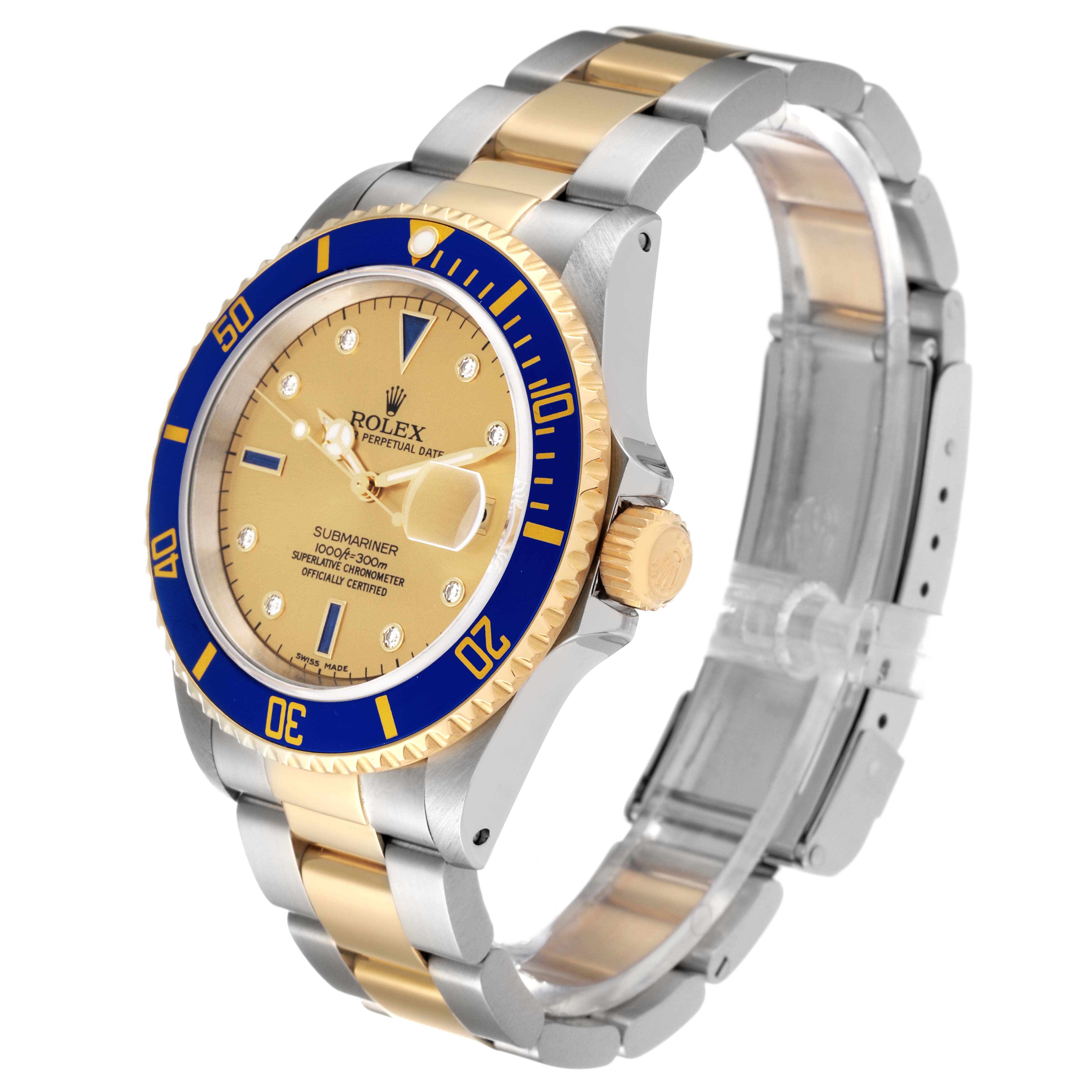 This image shows a side angle of the Rolex Submariner 16613 Men's Steel and Gold (two tone) Champagne Dial 16613 Men's Steel and Gold (two tone) Champagne Dial watch, featuring its face, bezel, crown, and bracelet.