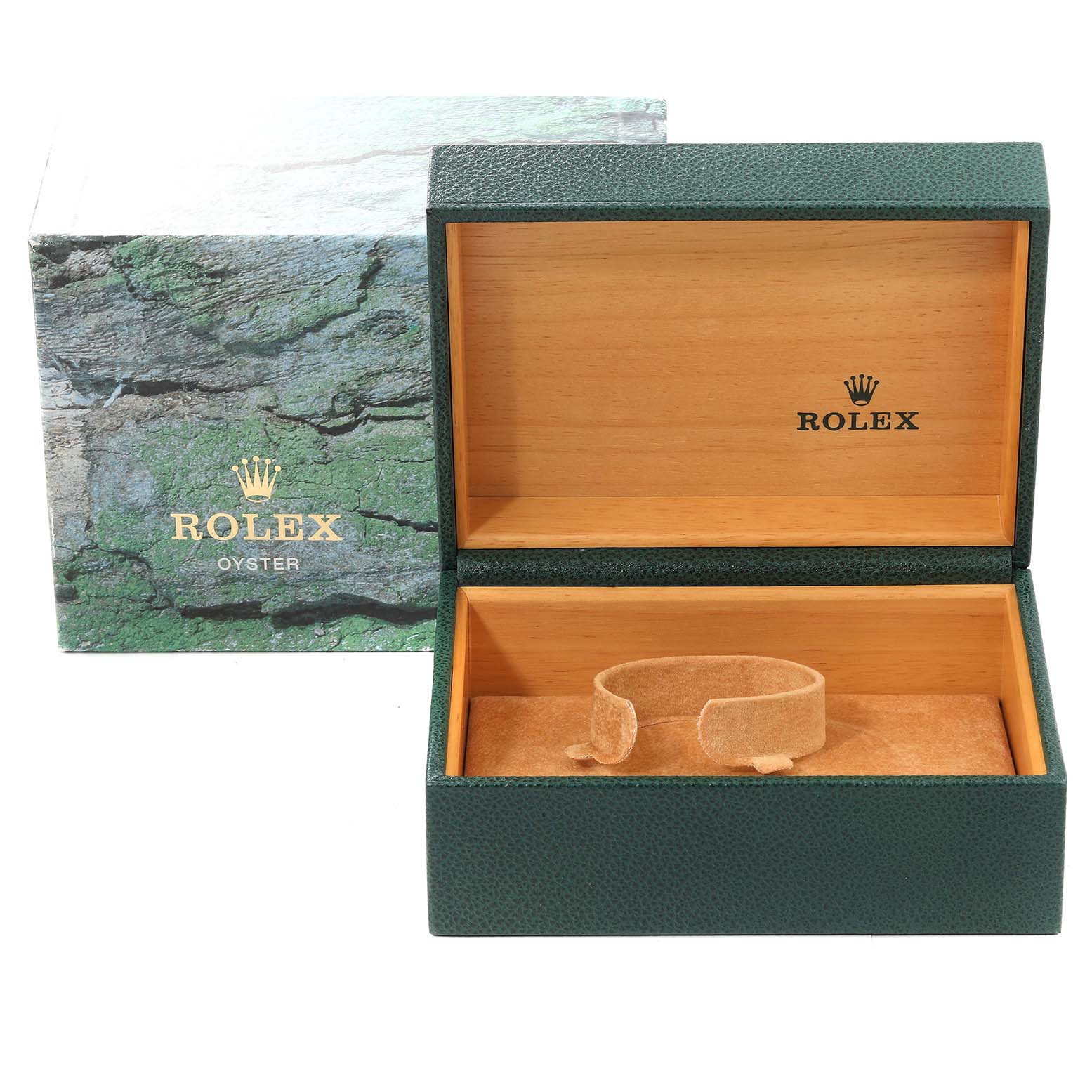 The image shows an open Rolex Submariner 16613 Men's Steel and Gold (two tone) Champagne Dial 16613 Men's Steel and Gold (two tone) Champagne Dial watch box and its outer packaging, viewed from the front.