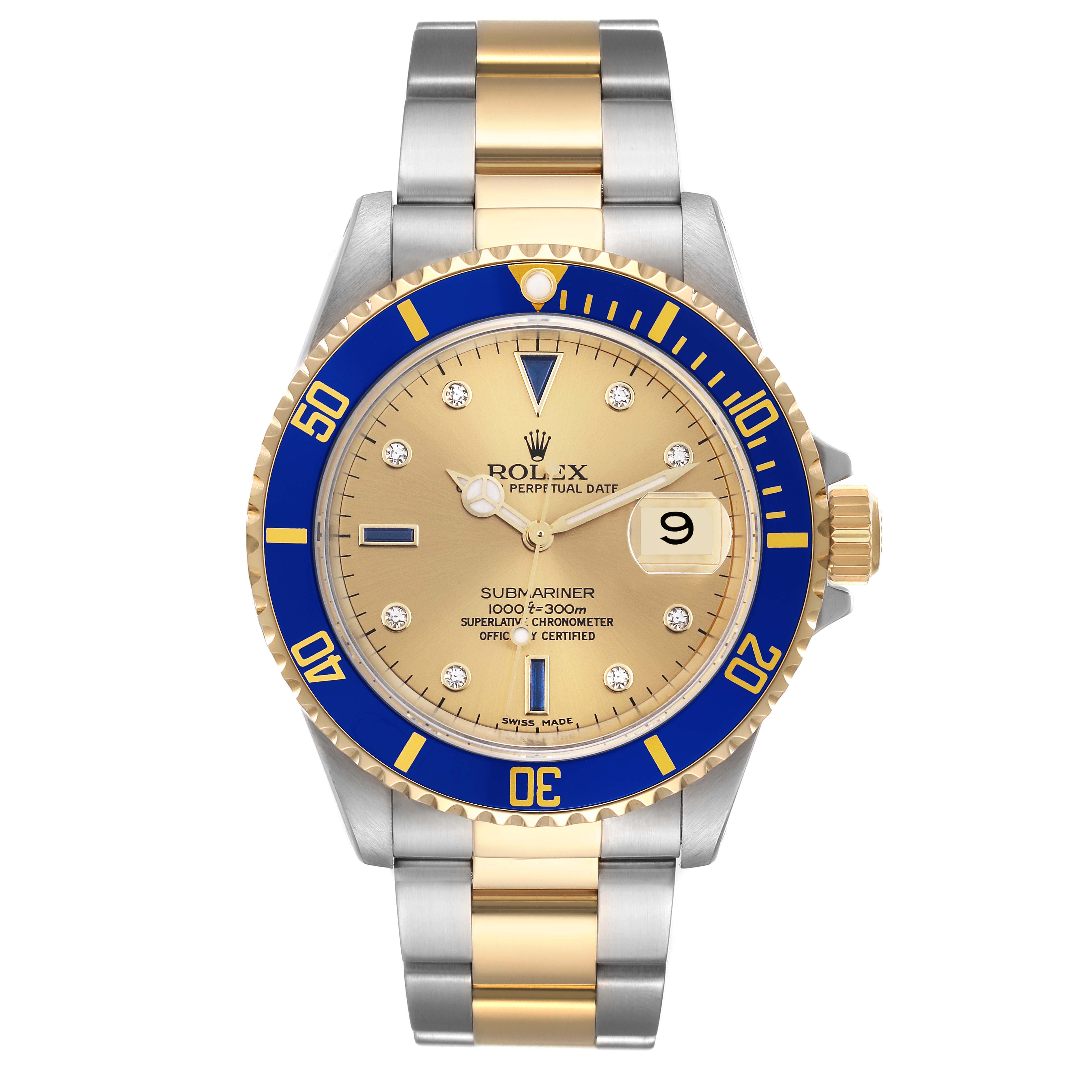 The image shows a front view of a Rolex Submariner 16613 Men's Steel and Gold (two tone) Champagne Dial 16613 Men's Steel and Gold (two tone) Champagne Dial watch, highlighting its bezel, dial, hands, and bracelet.