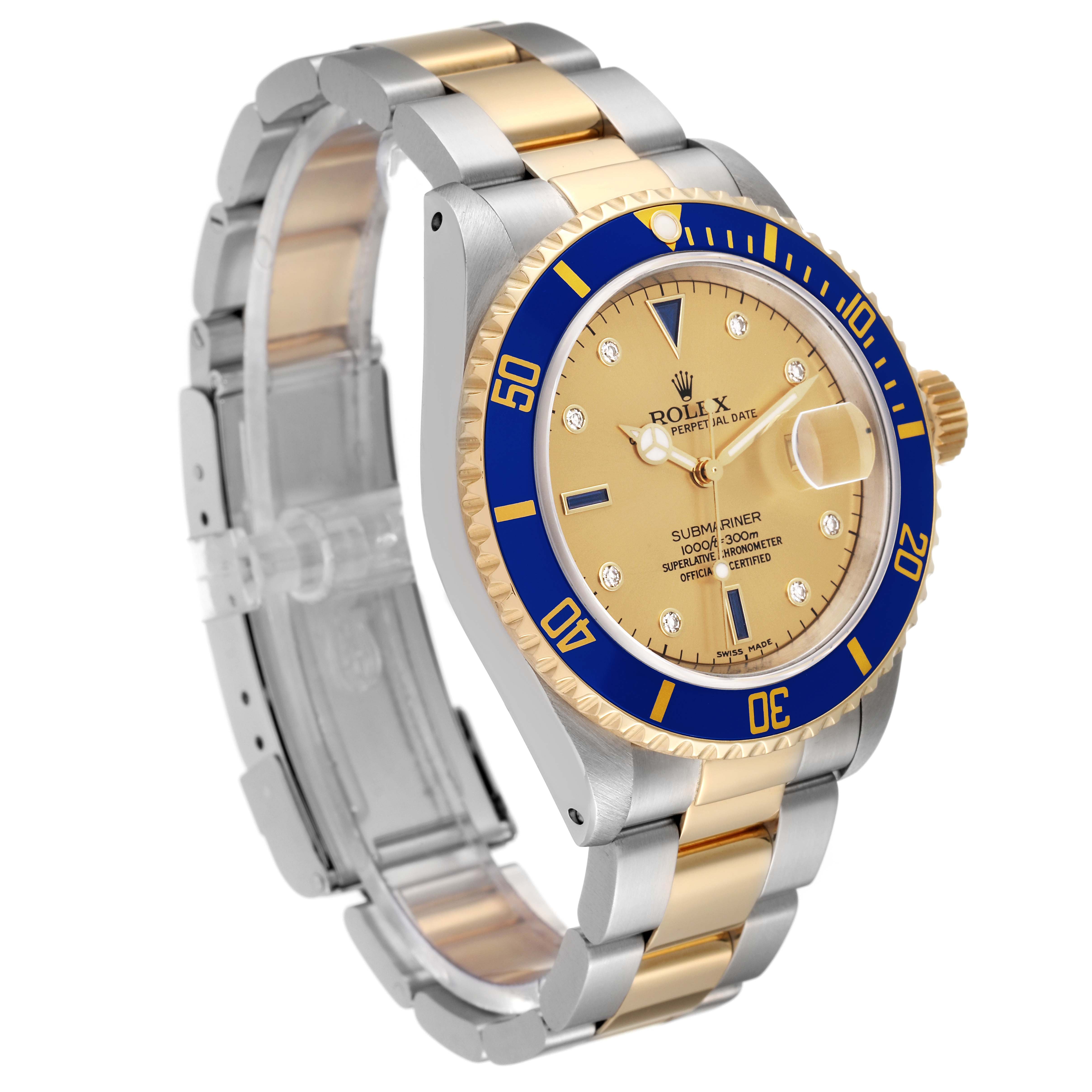 The image shows a Rolex Submariner 16613 Men's Steel and Gold (two tone) Champagne Dial 16613 Men's Steel and Gold (two tone) Champagne Dial watch from a three-quarter angle, displaying its dial, bezel, and bracelet.