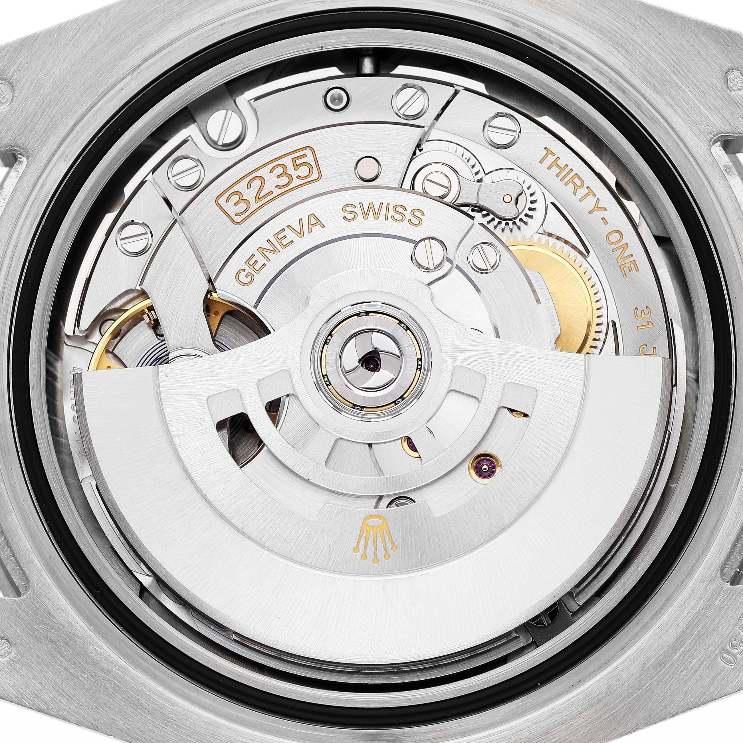 The image shows the movement of a Rolex Submariner 126619 Men's White Gold Black Dial, focusing on the caliber 3235 mechanism.