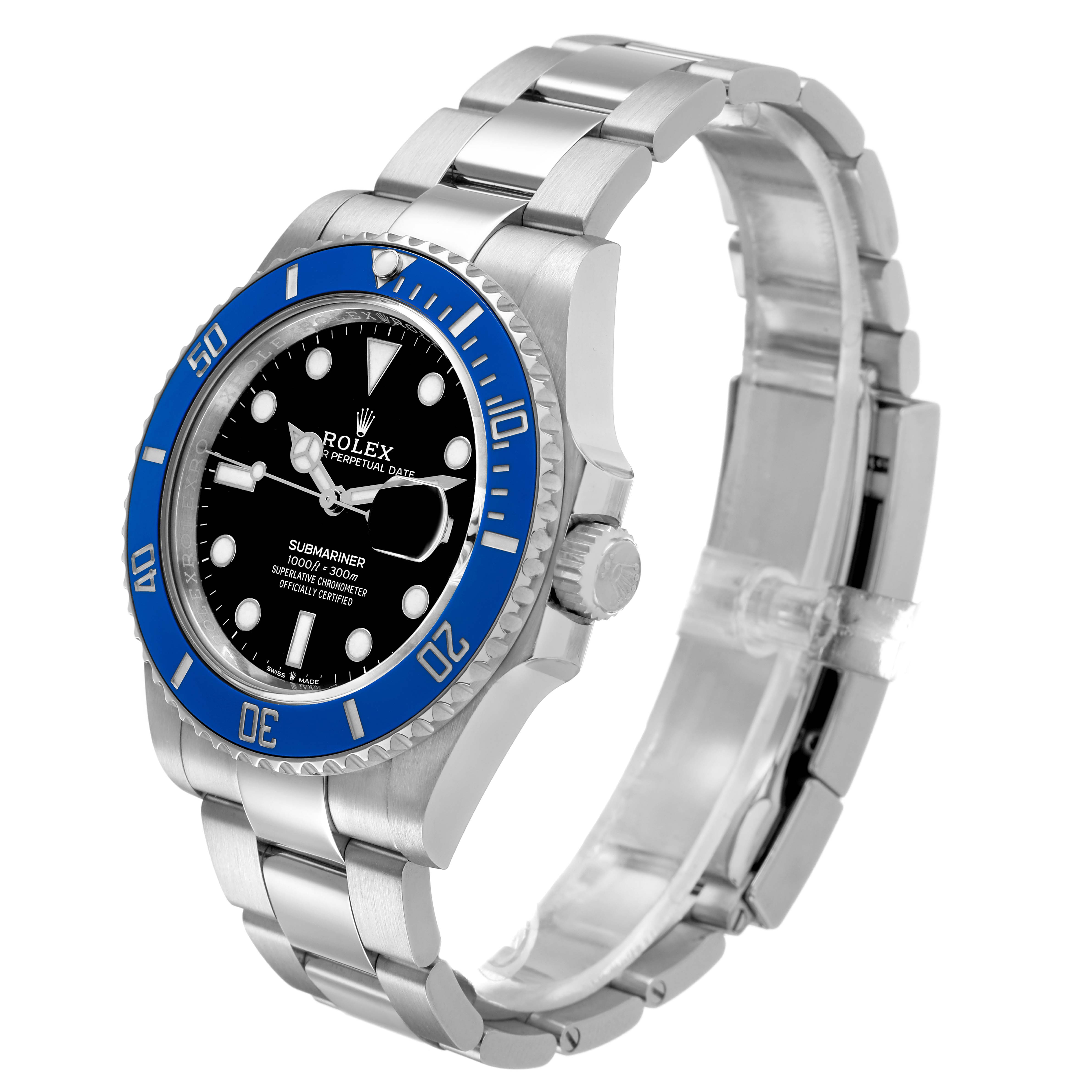 The Rolex Submariner 126619 Men's White Gold Black Dial watch is shown from an angled side view, highlighting the blue bezel, black dial, and silver bracelet.