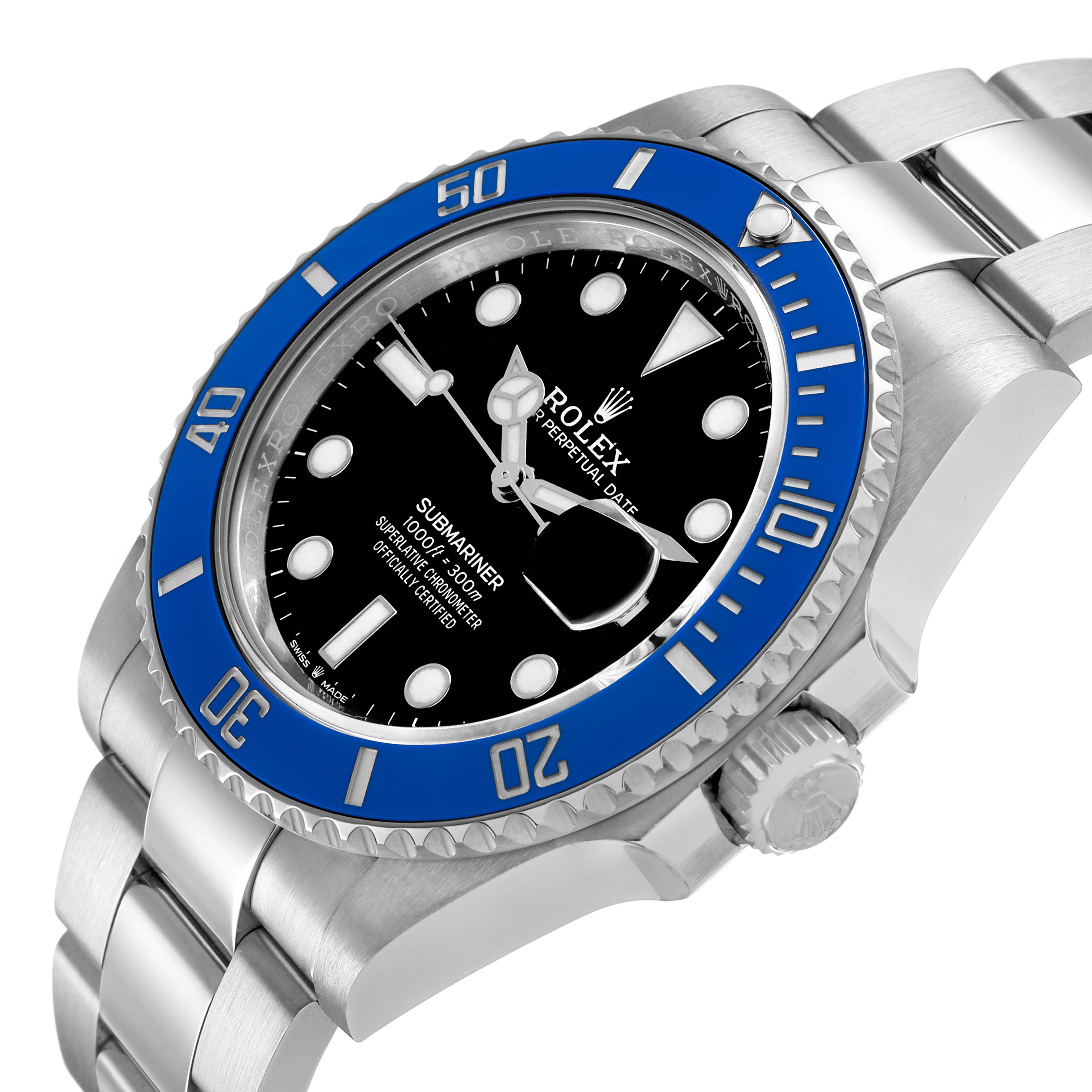The Rolex Submariner 126619 Men's White Gold Black Dial is shown at a slight angle, highlighting the bezel, crown, and bracelet.