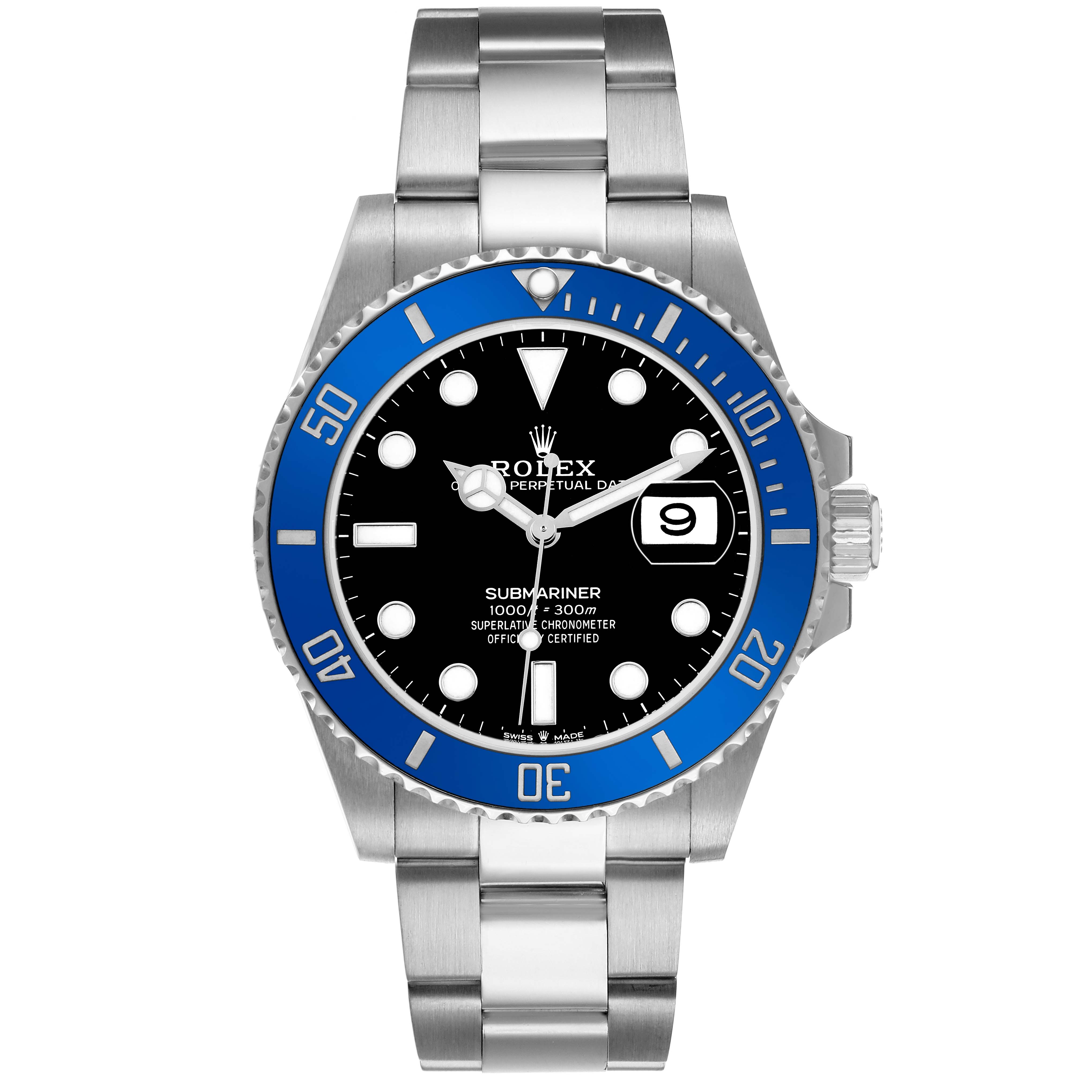 The Rolex Submariner 126619 Men's White Gold Black Dial watch is shown from a front angle, displaying the bezel, dial, and bracelet.