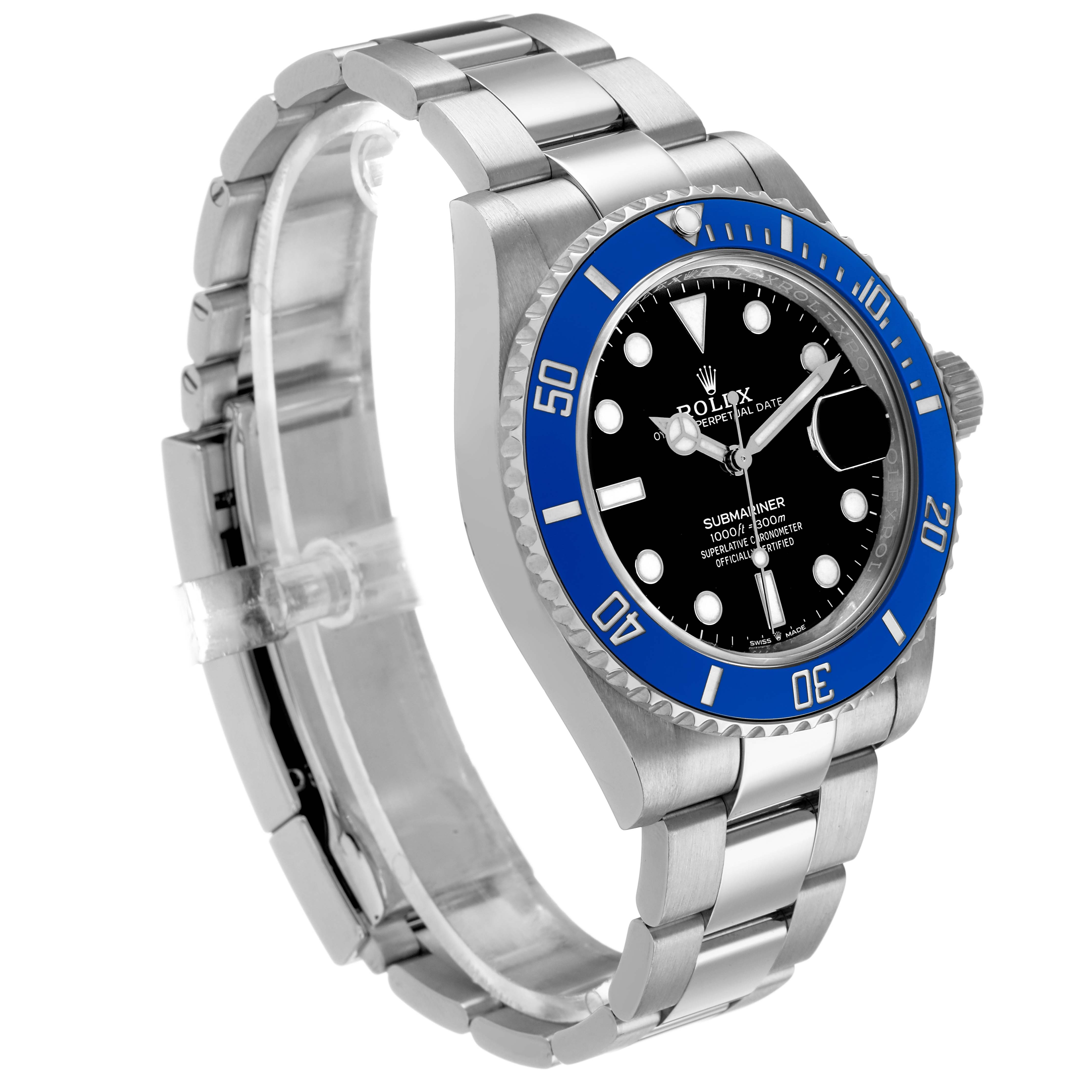 The Rolex Submariner 126619 Men's White Gold Black Dial watch is shown at a three-quarter angle, highlighting the blue bezel, dial, and metal bracelet.