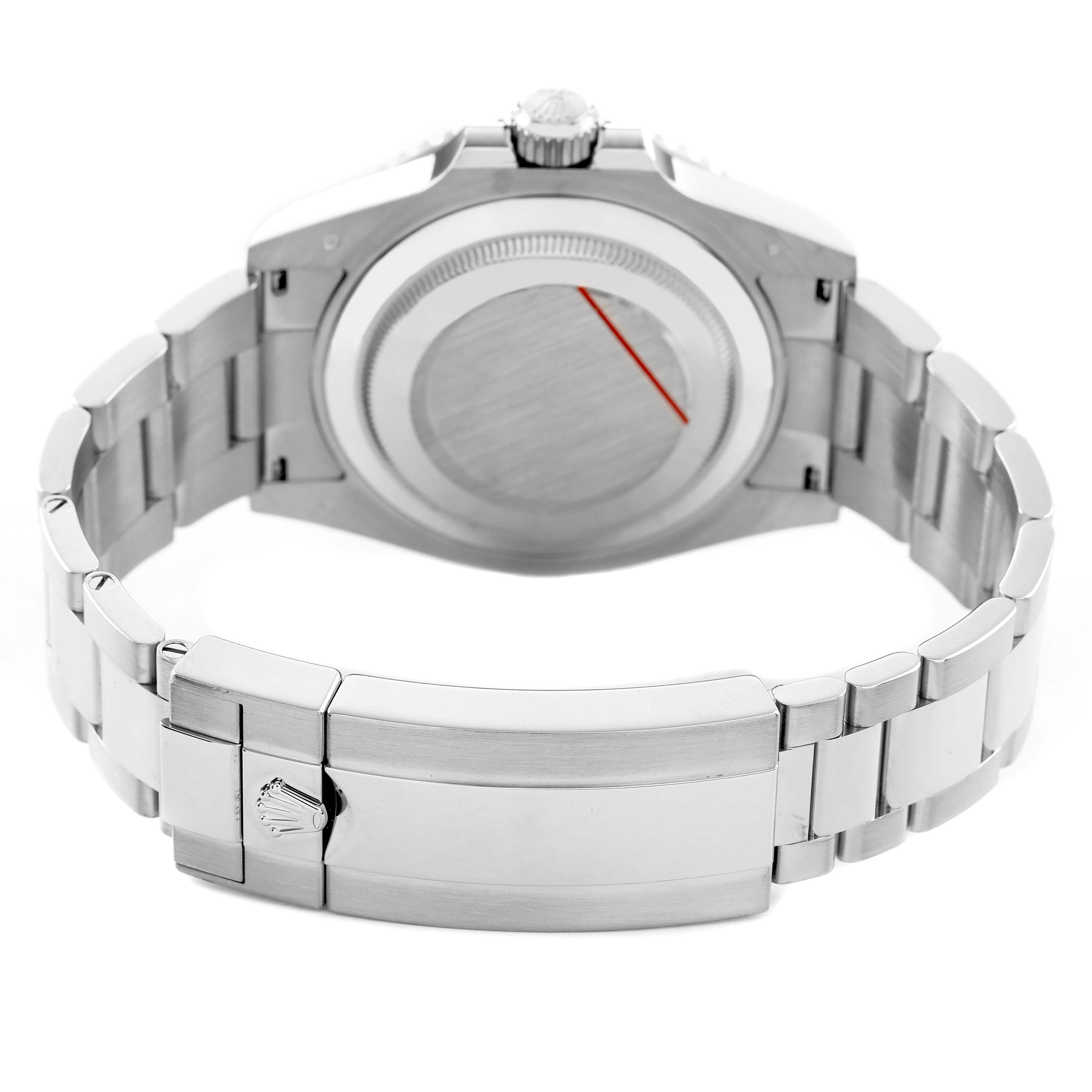 The image shows the back view of a Rolex Submariner 126619 Men's White Gold Black Dial, highlighting the case back, bracelet, and clasp.