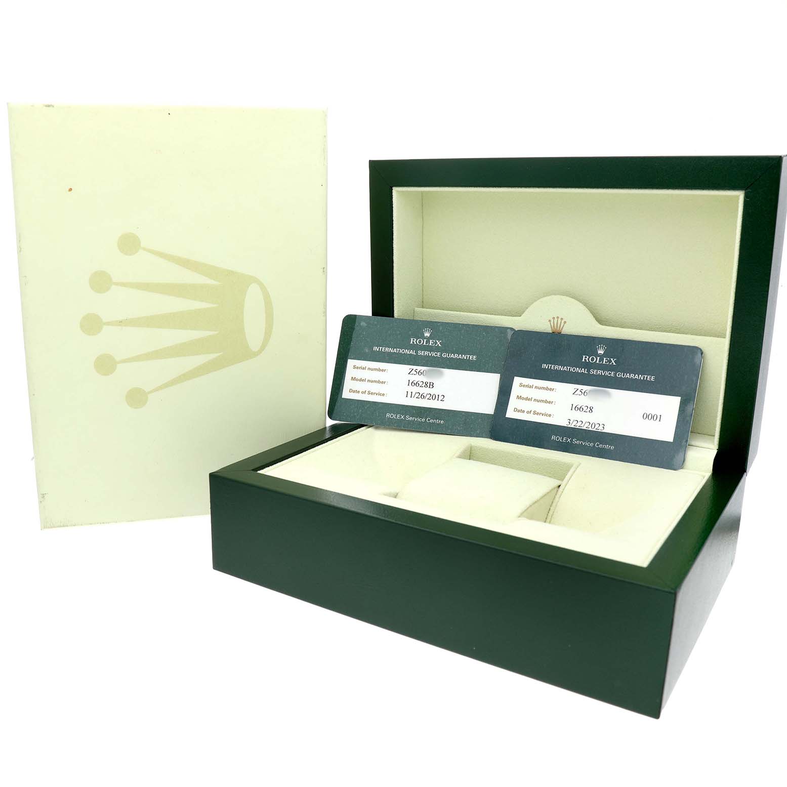 The image shows a Rolex Yacht-Master 16628 Men's Yellow Gold White Dial watch box, warranty cards, and outer packaging from a side angle.