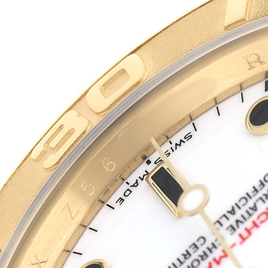 The image shows a close-up of the Rolex Yacht-Master 16628 Men's Yellow Gold White Dial watch's bezel and part of the dial, highlighting the "30" marker.