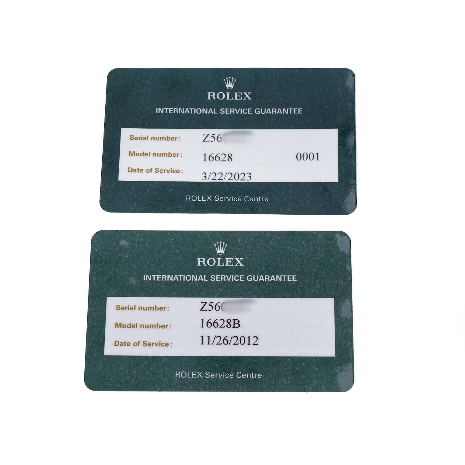 The image shows two Rolex International Service Guarantee cards for the Yacht-Master model, including serial and model numbers with service dates.