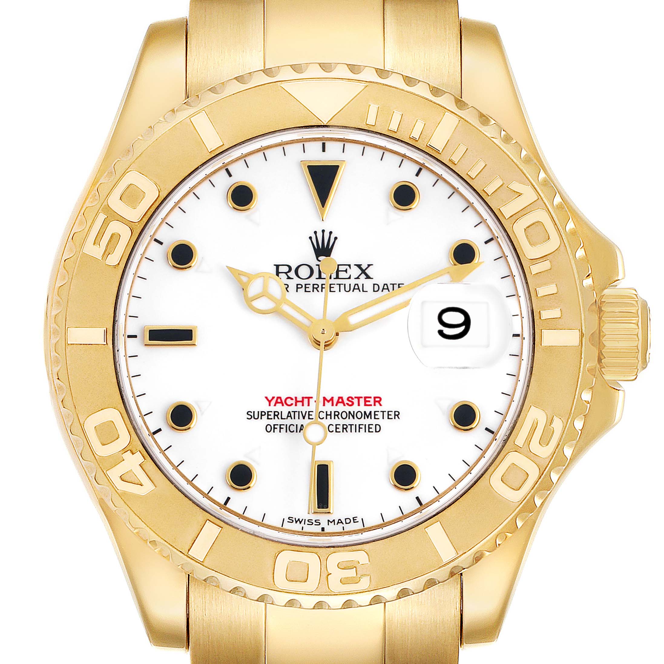 The Rolex Yacht-Master 16628 Men's Yellow Gold White Dial is shown from the front, highlighting the dial, bezel, and crown.