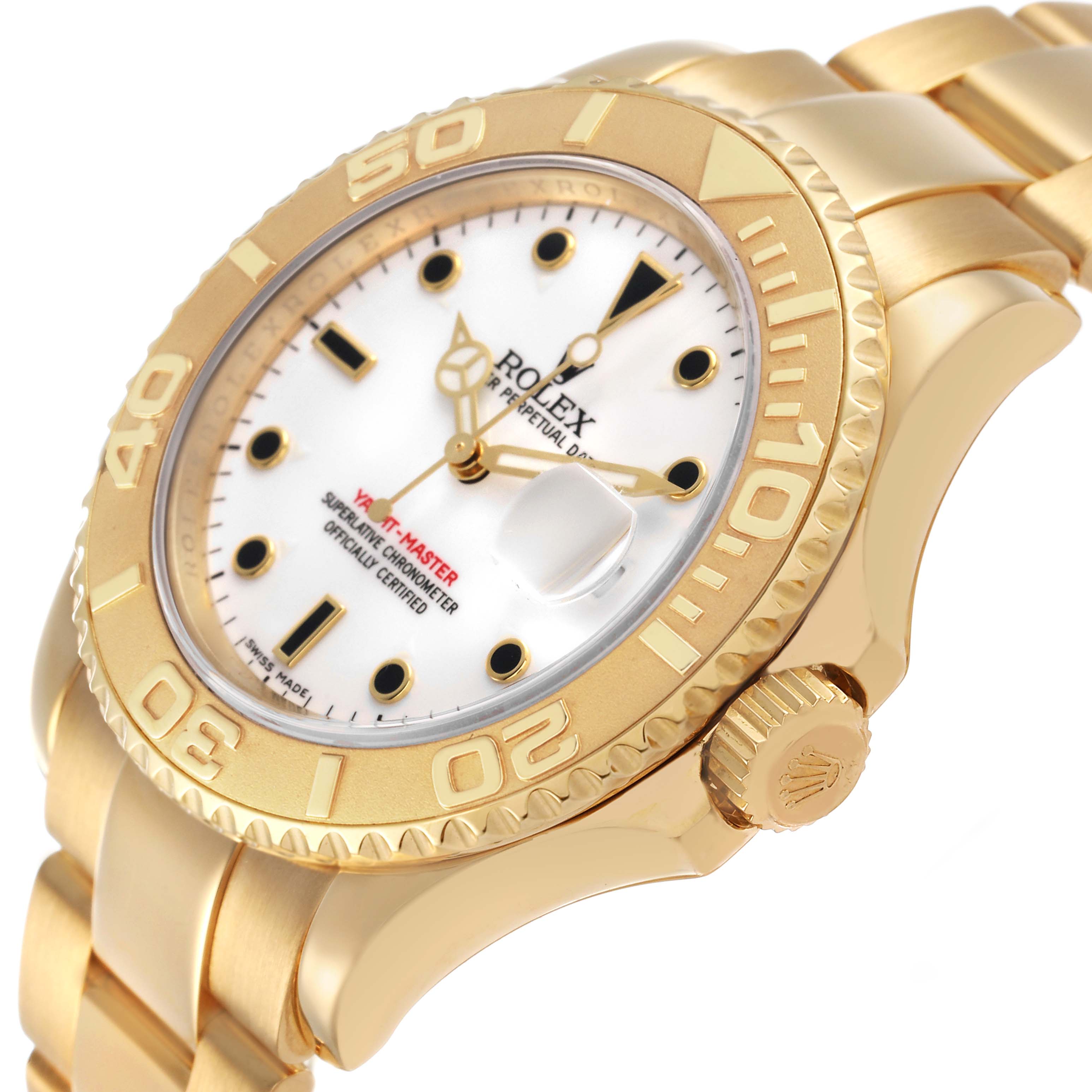 The Rolex Yacht-Master 16628 Men's Yellow Gold White Dial watch is shown at an angle highlighting the bezel, crown, and part of the bracelet.