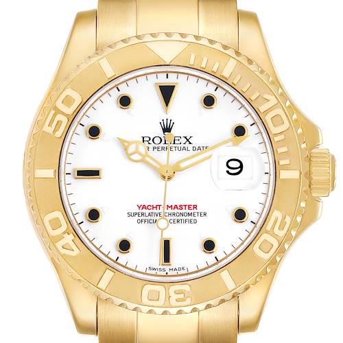 The Rolex Yacht-Master 16628 Men's Yellow Gold White Dial watch is shown from a front angle, highlighting the dial, bezel, and crown.