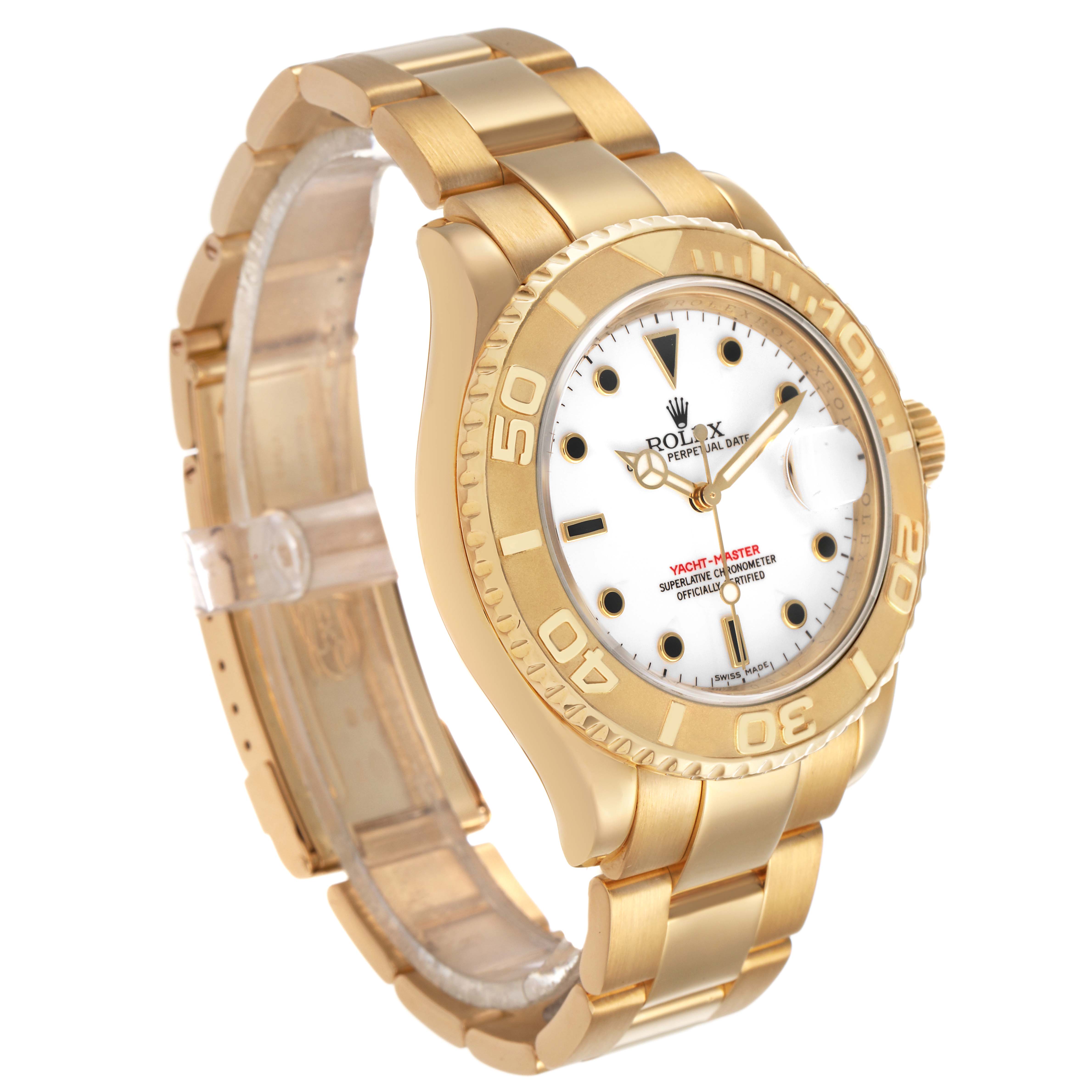 The Rolex Yacht-Master 16628 Men's Yellow Gold White Dial watch is shown at a three-quarter angle, highlighting the bezel, face, and bracelet.