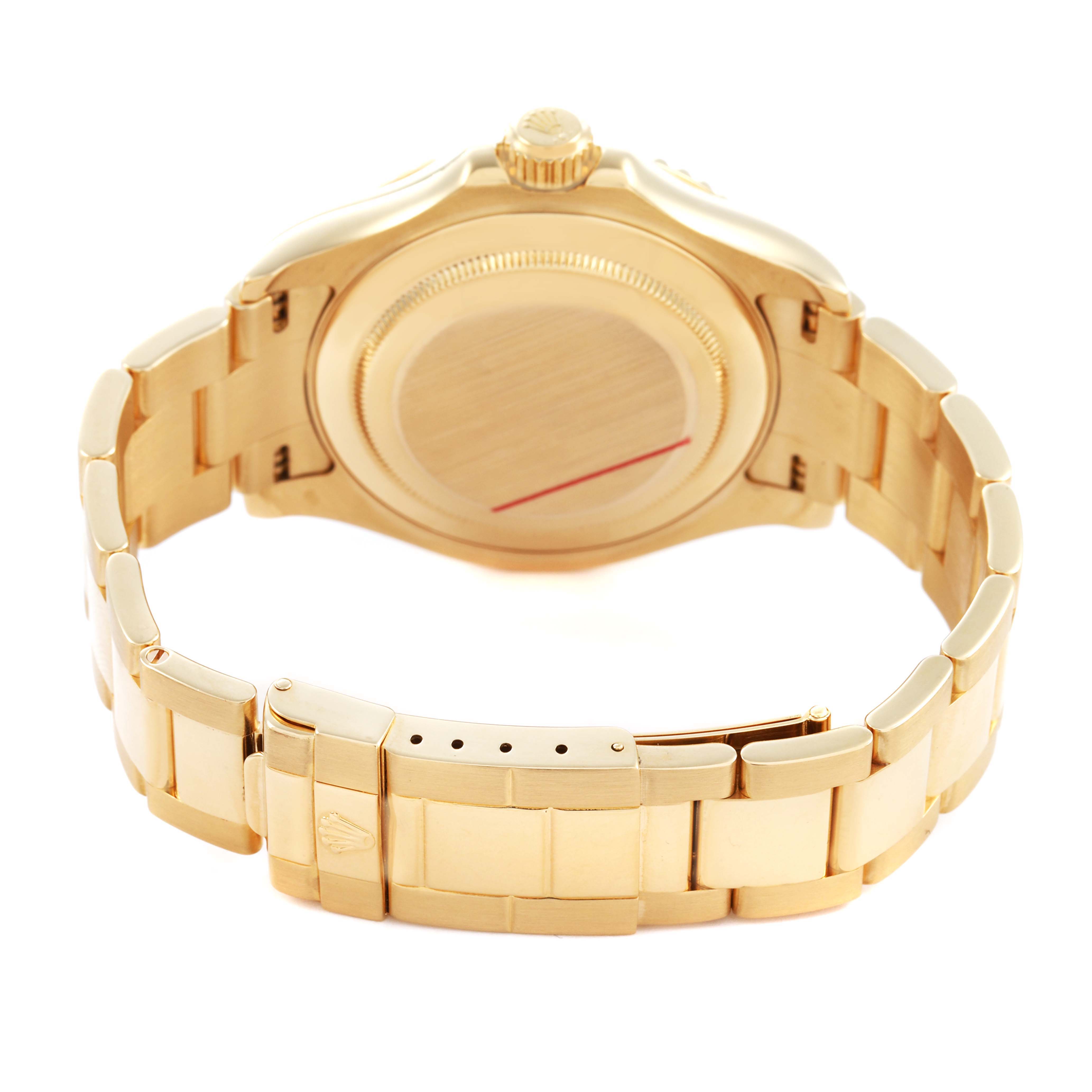 The Rolex Yacht-Master 16628 Men's Yellow Gold White Dial watch is shown from the back, highlighting the case and bracelet with the crown and clasp visible.