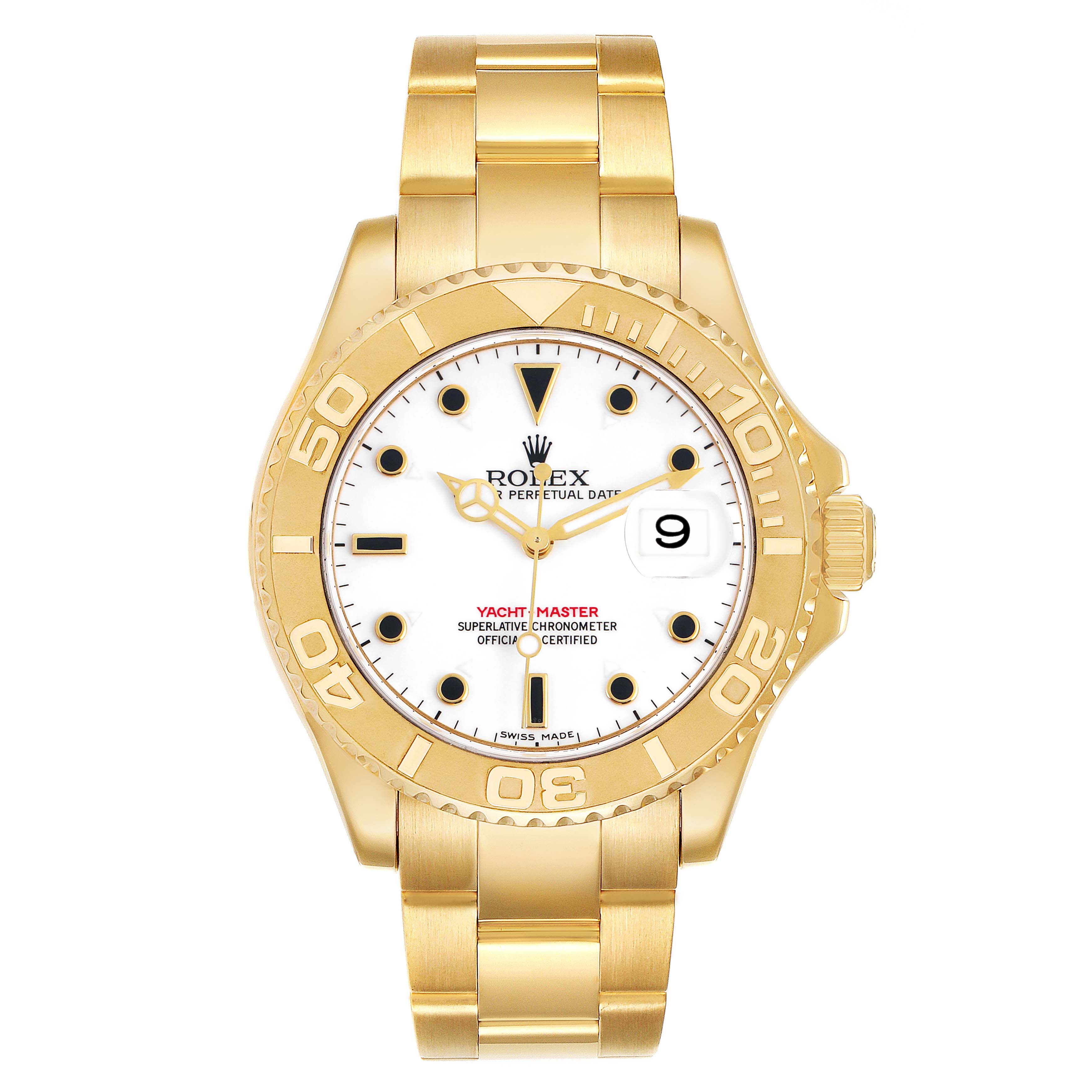 This Rolex Yacht-Master 16628 Men's Yellow Gold White Dial watch is shown from the front, displaying the dial, bezel, crown, and bracelet.