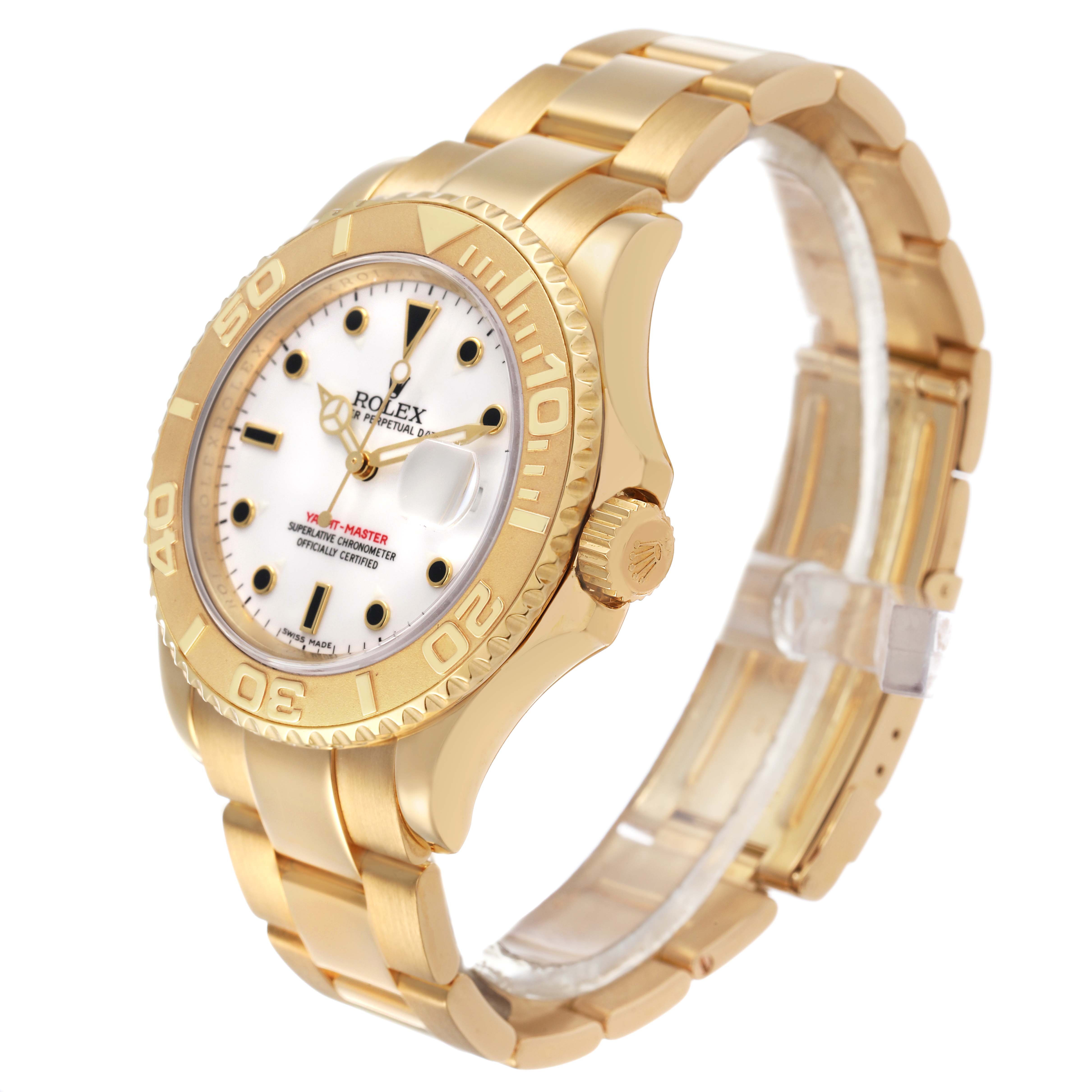 The Rolex Yacht-Master 16628 Men's Yellow Gold White Dial watch is shown at a three-quarter angle highlighting the face, bezel, band, and crown.