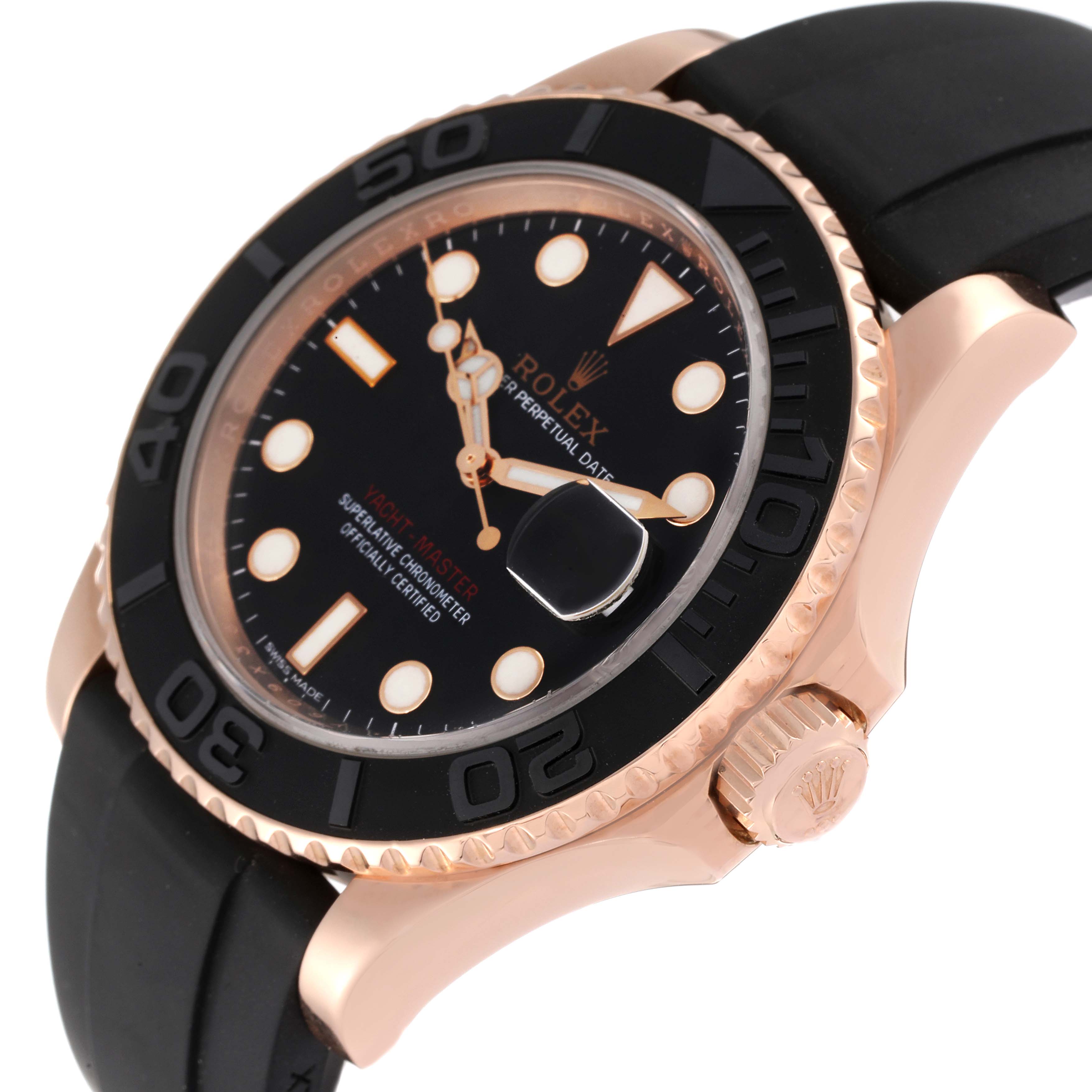 The image shows a side view of the Rolex Yacht-Master 116655 Men
s Rose Gold Black Dial 116655 Men
s Rose Gold Black Dial watch, highlighting the crown, bezel, and strap.