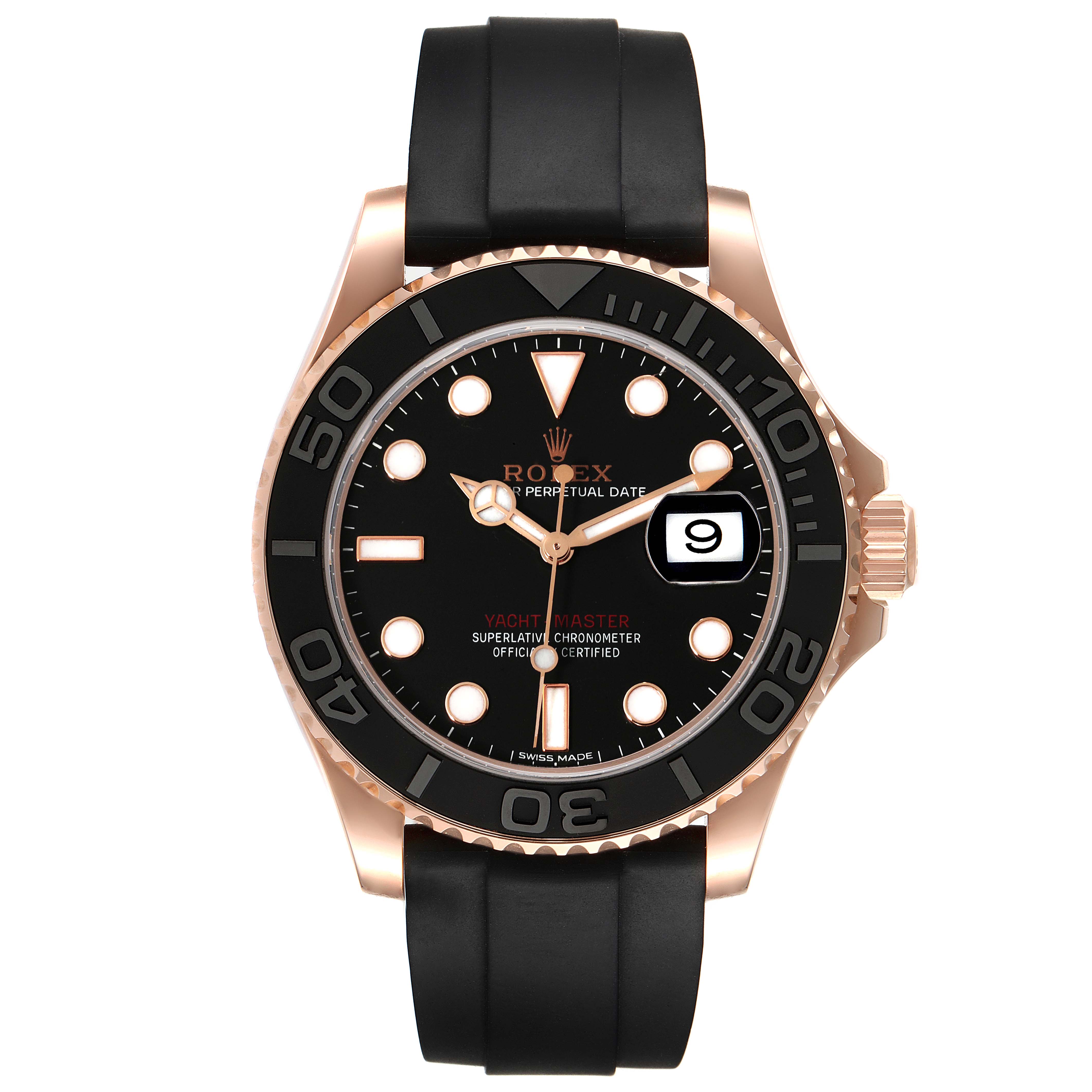The image shows a front view of the Rolex Yacht-Master 116655 Men
s Rose Gold Black Dial 116655 Men
s Rose Gold Black Dial watch with a black dial and strap.