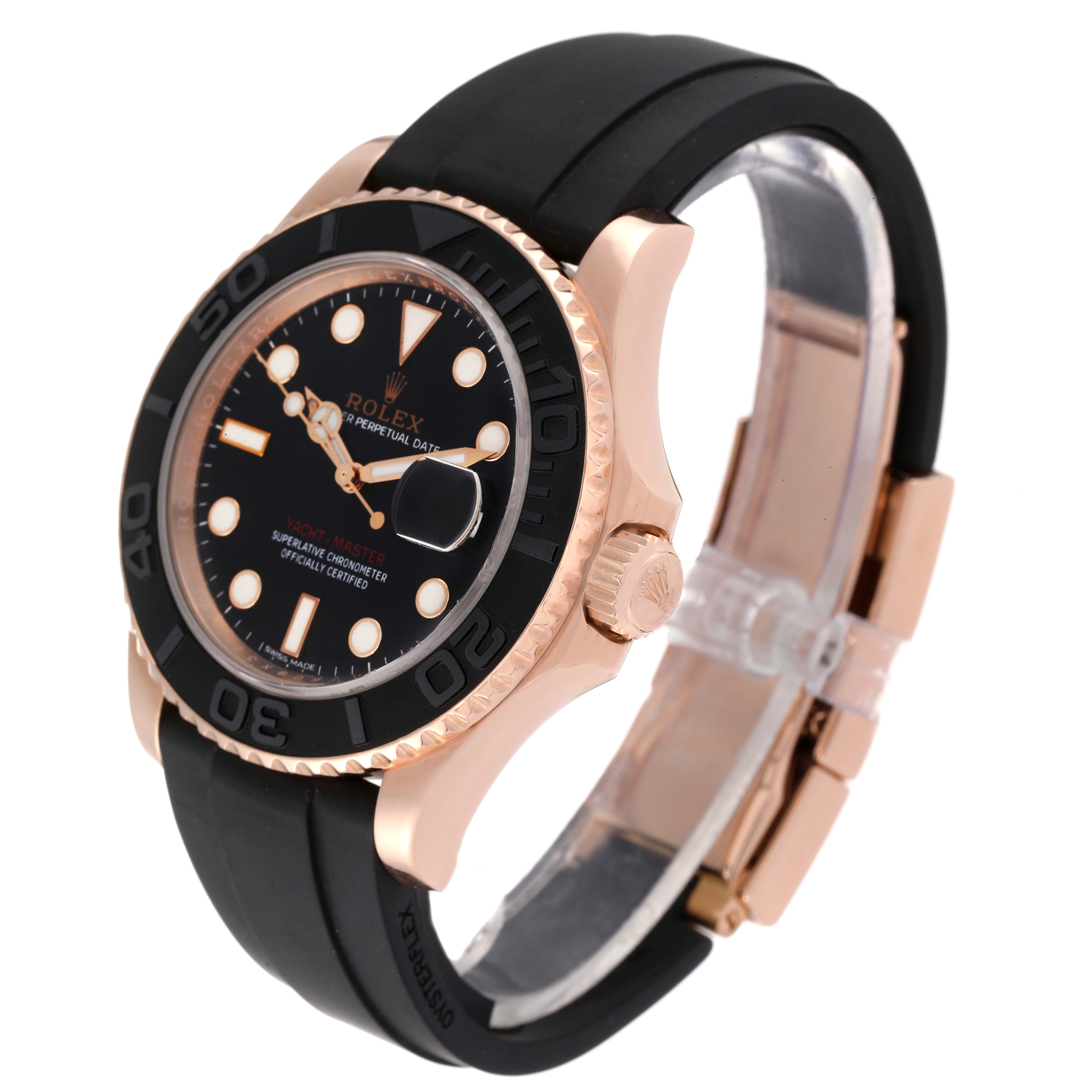 This image shows the Rolex Yacht-Master 116655 Men
s Rose Gold Black Dial 116655 Men
s Rose Gold Black Dial watch viewed from an angled side perspective, highlighting the face, bezel, and band.