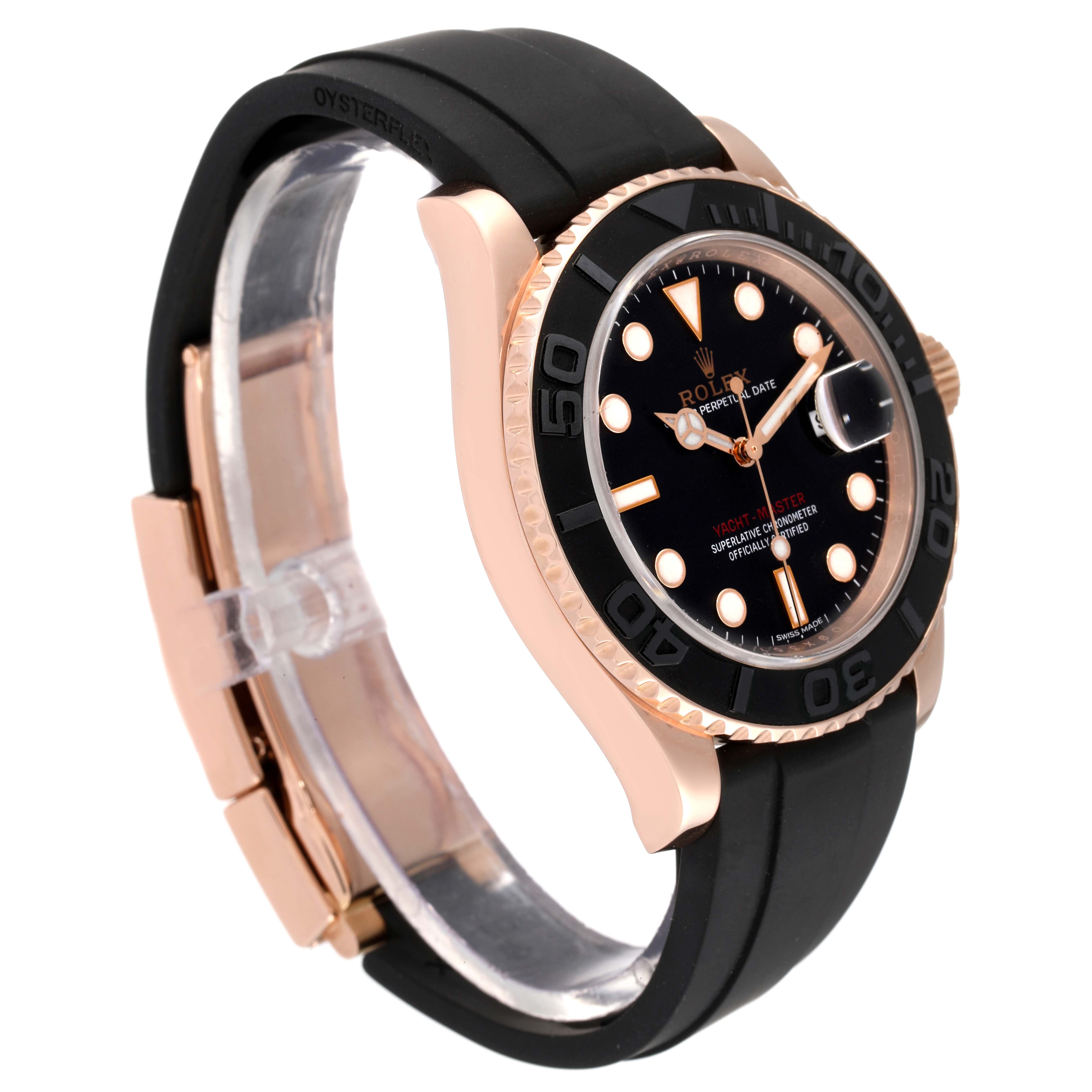 This image shows a side-angle view of the Rolex Yacht-Master 116655 Men
s Rose Gold Black Dial 116655 Men
s Rose Gold Black Dial watch, highlighting its black dial, bezel, and rubber strap.